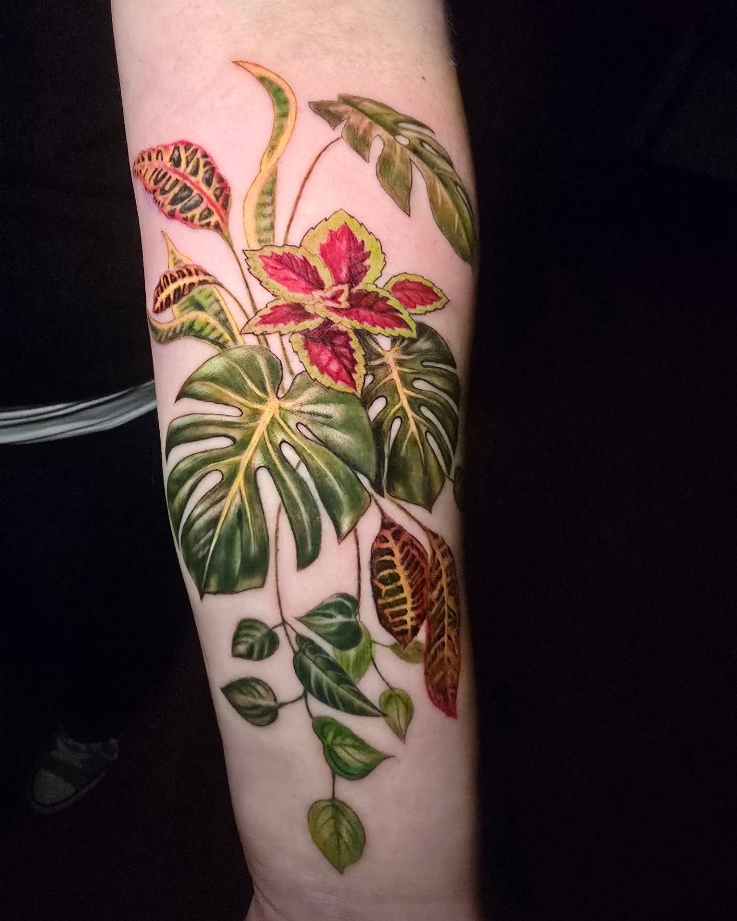 Tropical leaves realism tattoo on the forearm by Rain Delmar