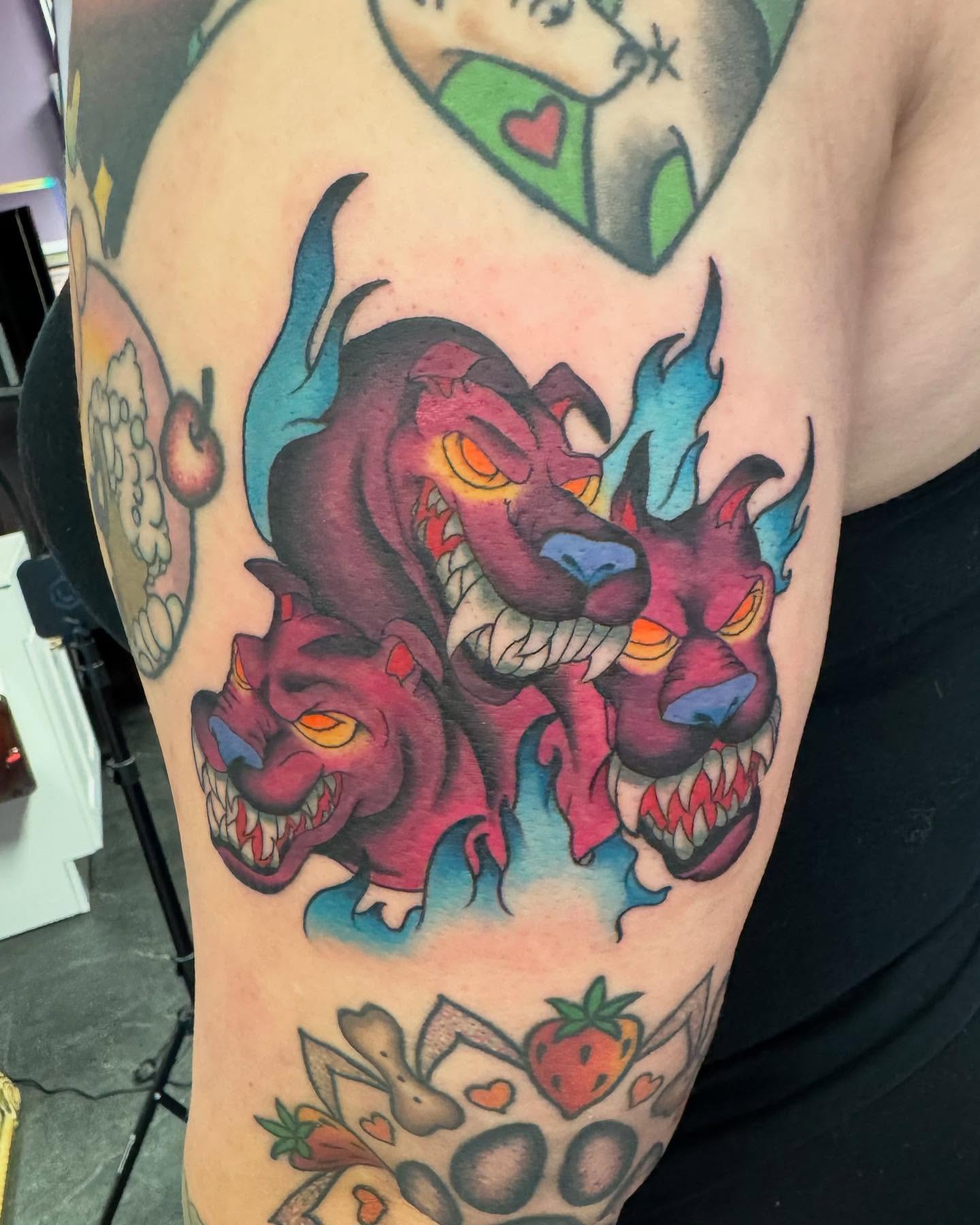 Three-headed dragon American traditional tattoo on the thigh by ✨Jen Lochbihler✨, Dickson, Tennessee