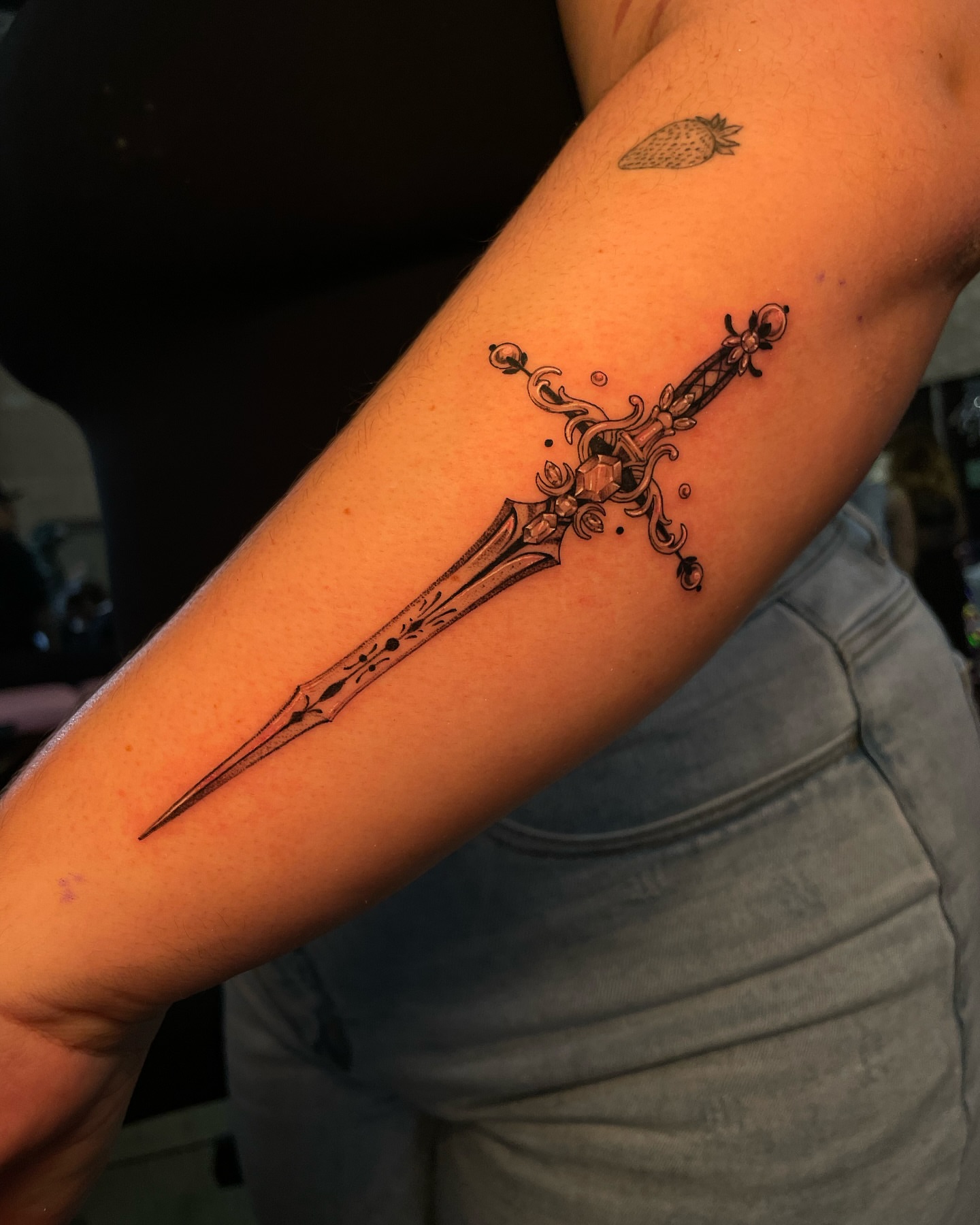 Sword black and grey tattoo on the forearm by @jettaturas, New City, New York