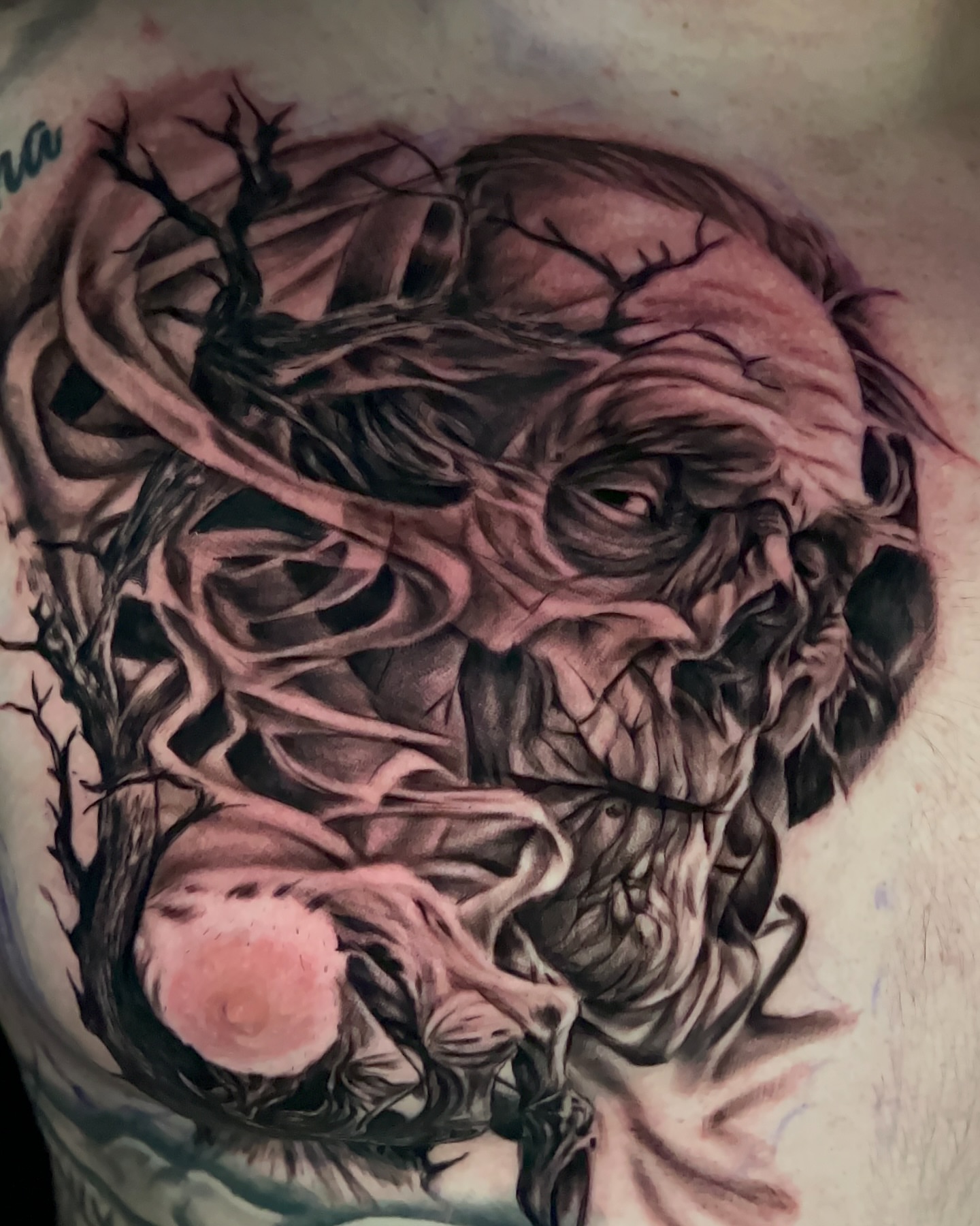 Tree and face dark realism tattoo on the chest by 𝐍𝐄𝐗'𝐒 𝐈𝐍𝐊 🇨🇺, Tampa
