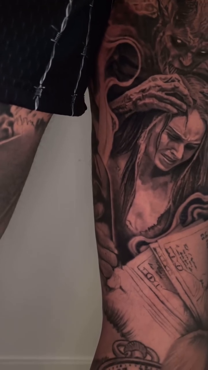 Demon and woman dark realism tattoo by Richie Moreno lll