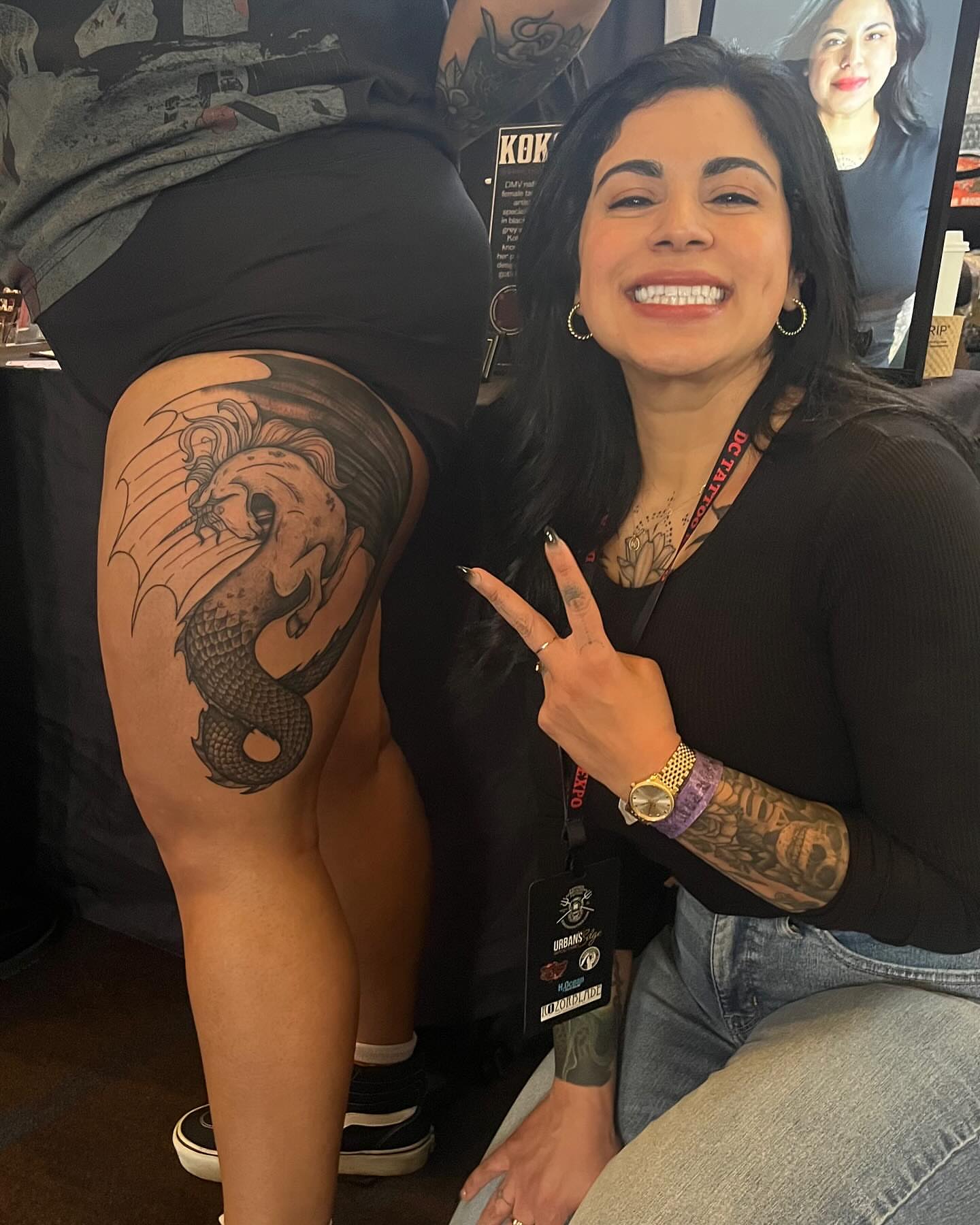 Mermaid black and grey tattoo on the thigh by Koko