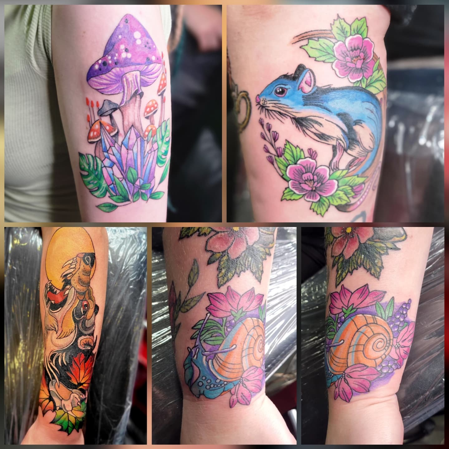 Mushroom and crystals new school tattoo on the forearm by Naez Ink AKA Renae Madison, Macomb, Illinois