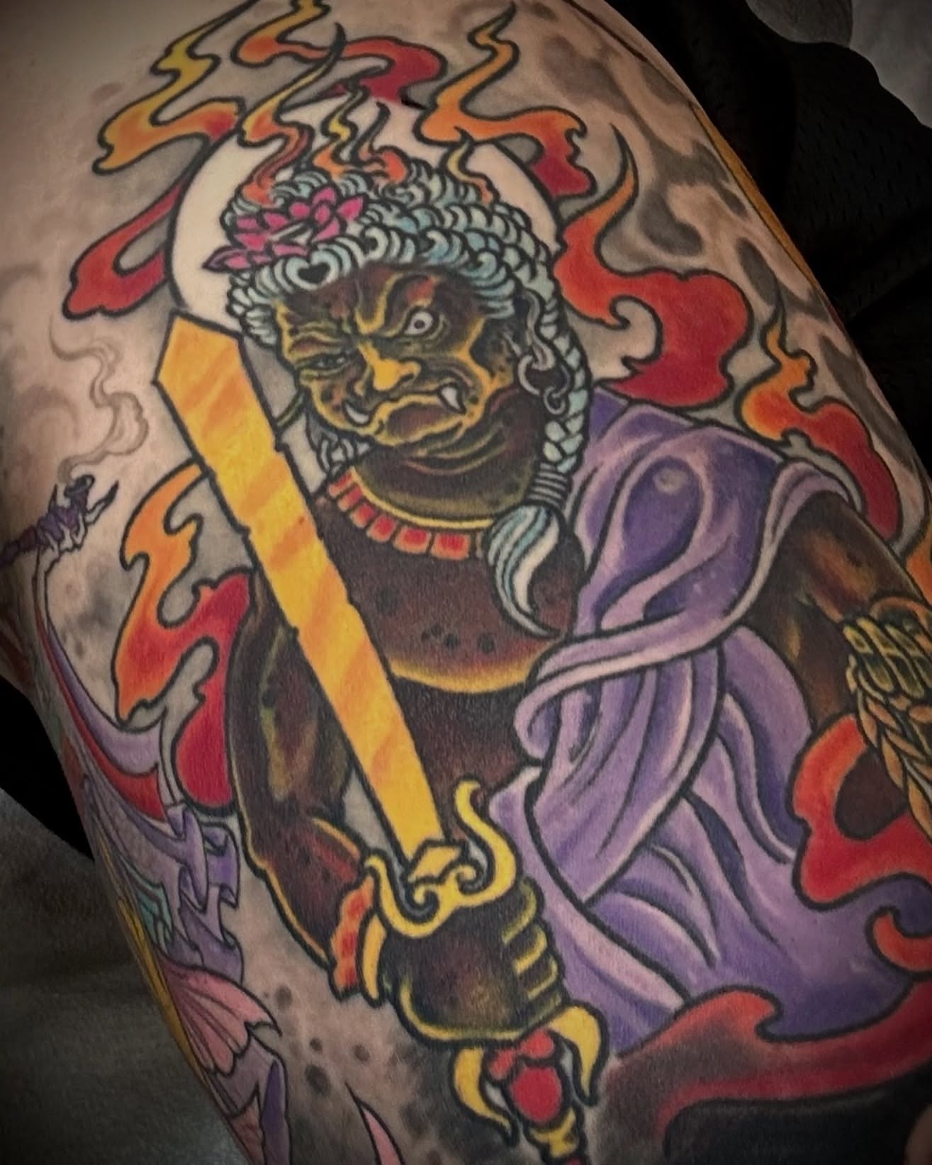 Demon warrior American traditional tattoo on the thigh by Culleton Paramore