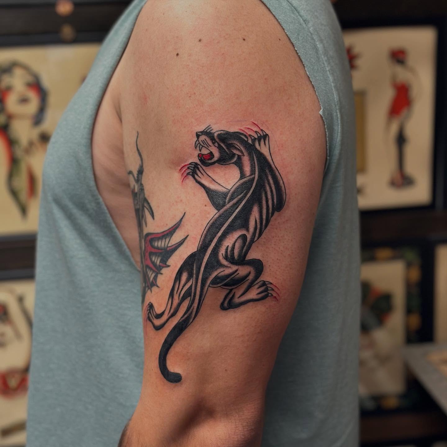 Demon American traditional tattoo on the upper arm by @ryleecoyote, New York, New York