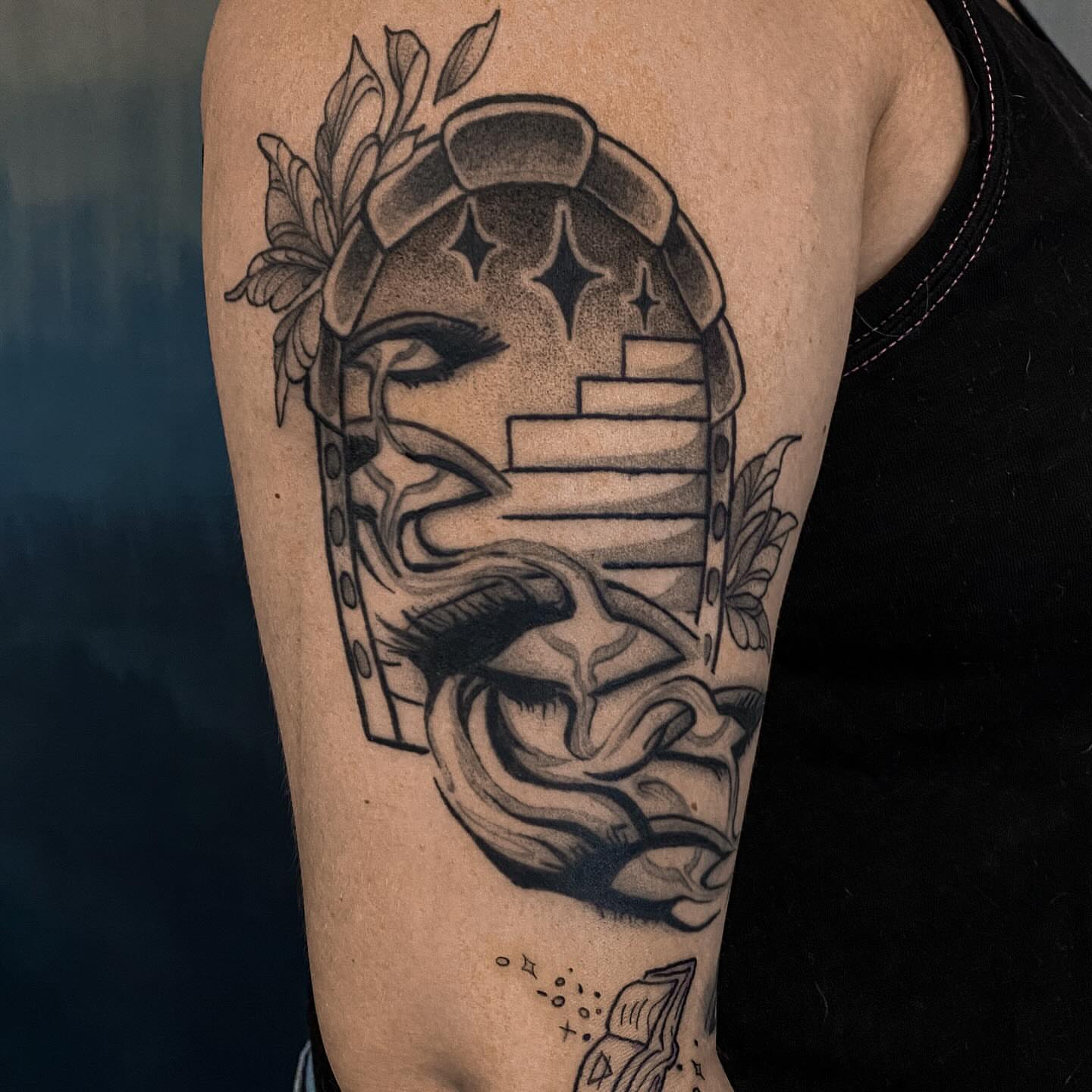 Mask with stairs realism tattoo on the forearm by ✥ G i t t a ✥