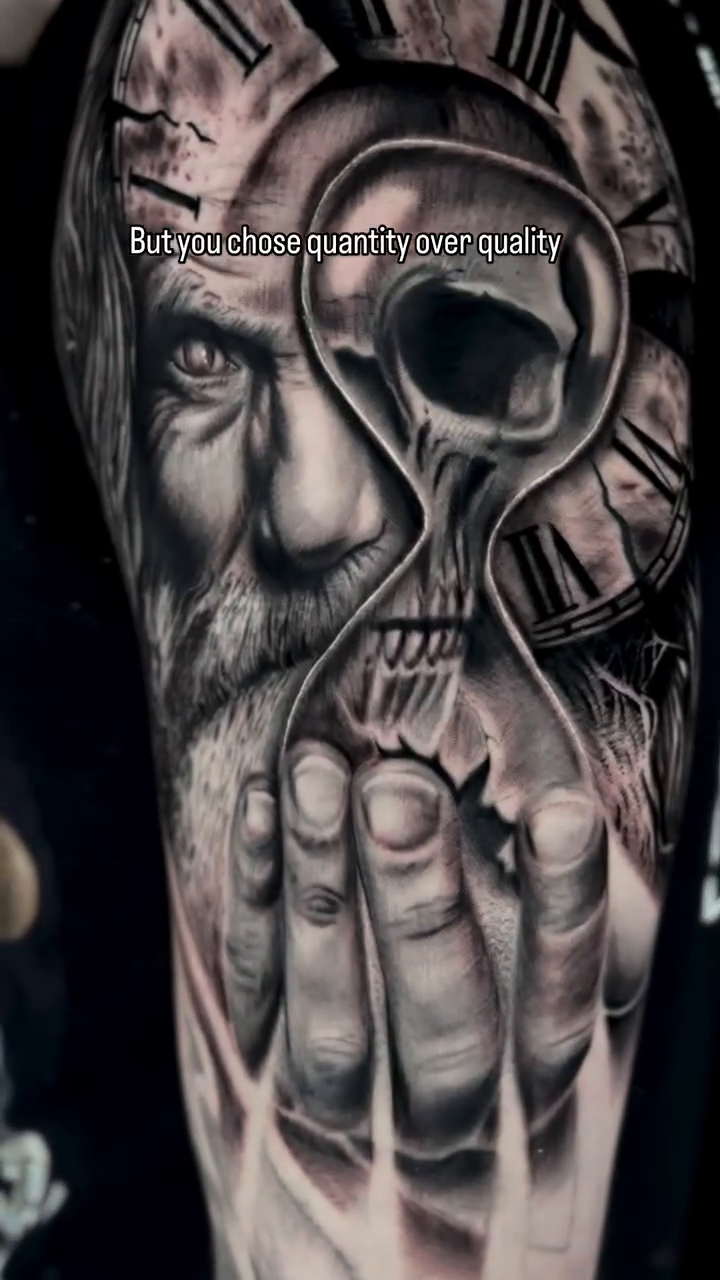 Old man, skull, and clock realism tattoo by Katie Jones