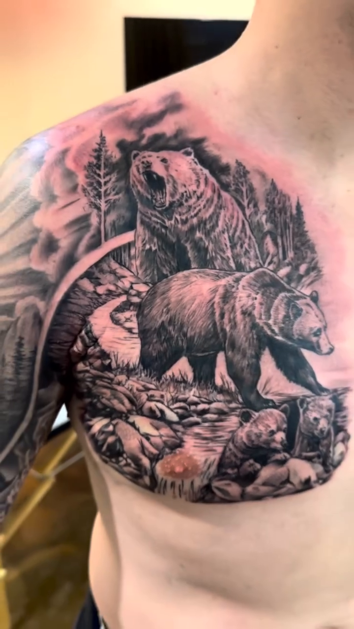 Bears in a forest landscape realism tattoo by Mason Williams