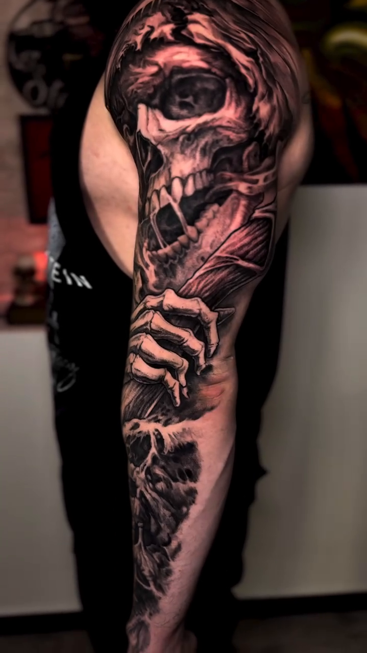 Grim Reaper sleeve dark realism tattoo by Tony Ink