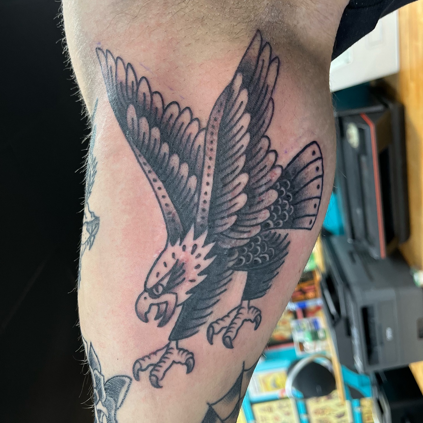 Eagle American traditional tattoo on the forearm by Ashley Camp