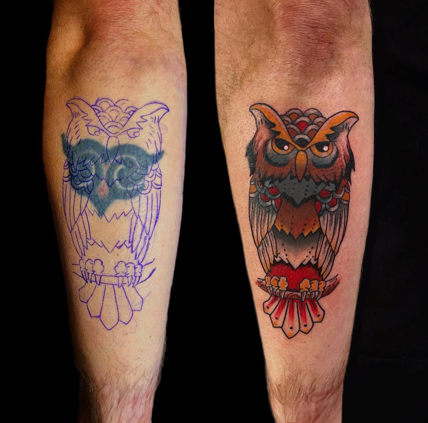 Owl American traditional tattoo on the forearm by โงโ โฑ โพ ๐ณ๐๐๐๐๐ โฆ โฑ โโง