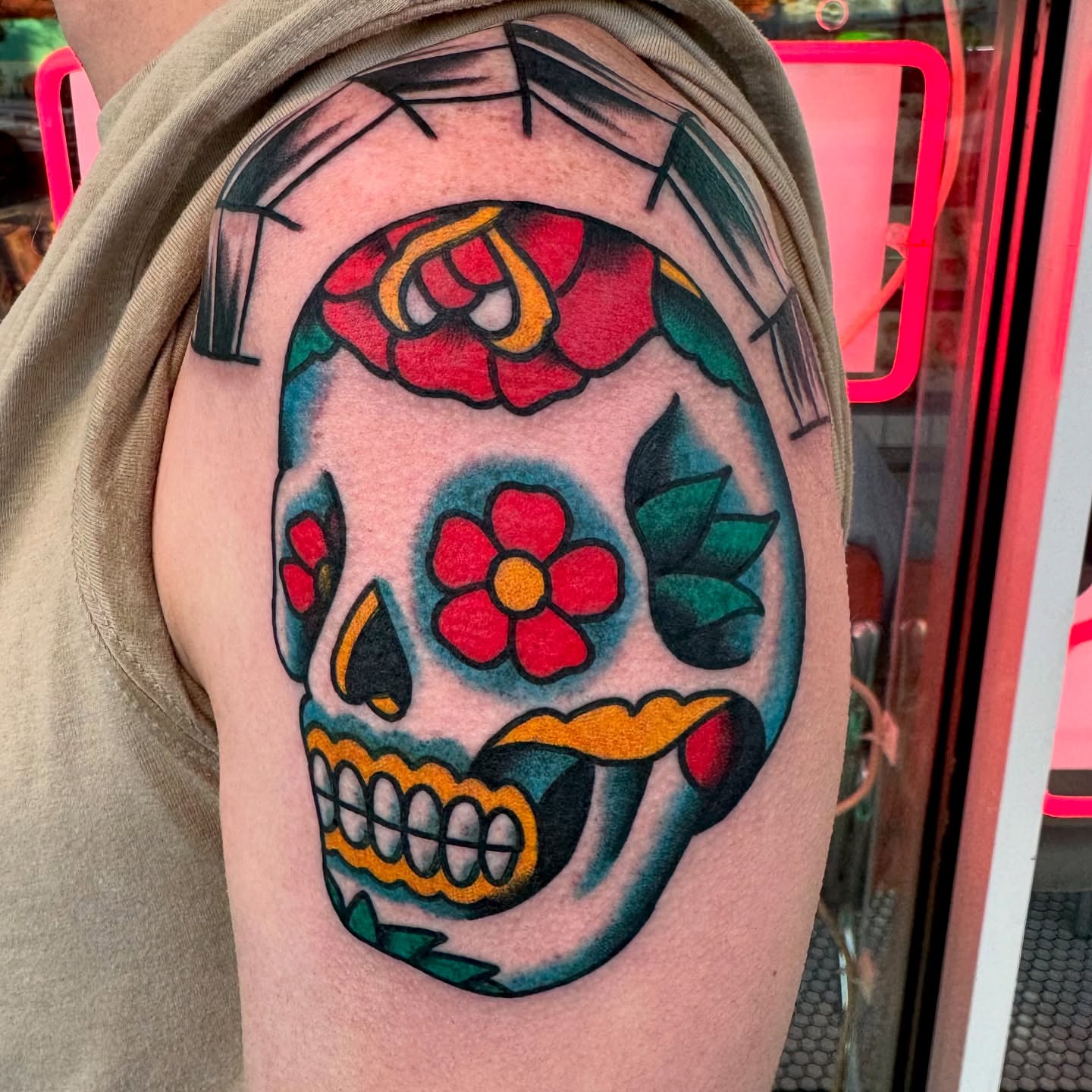 Sugar skull American traditional tattoo on the shoulder by Buddy (Holiday) Orr, Las Vegas, Nevada