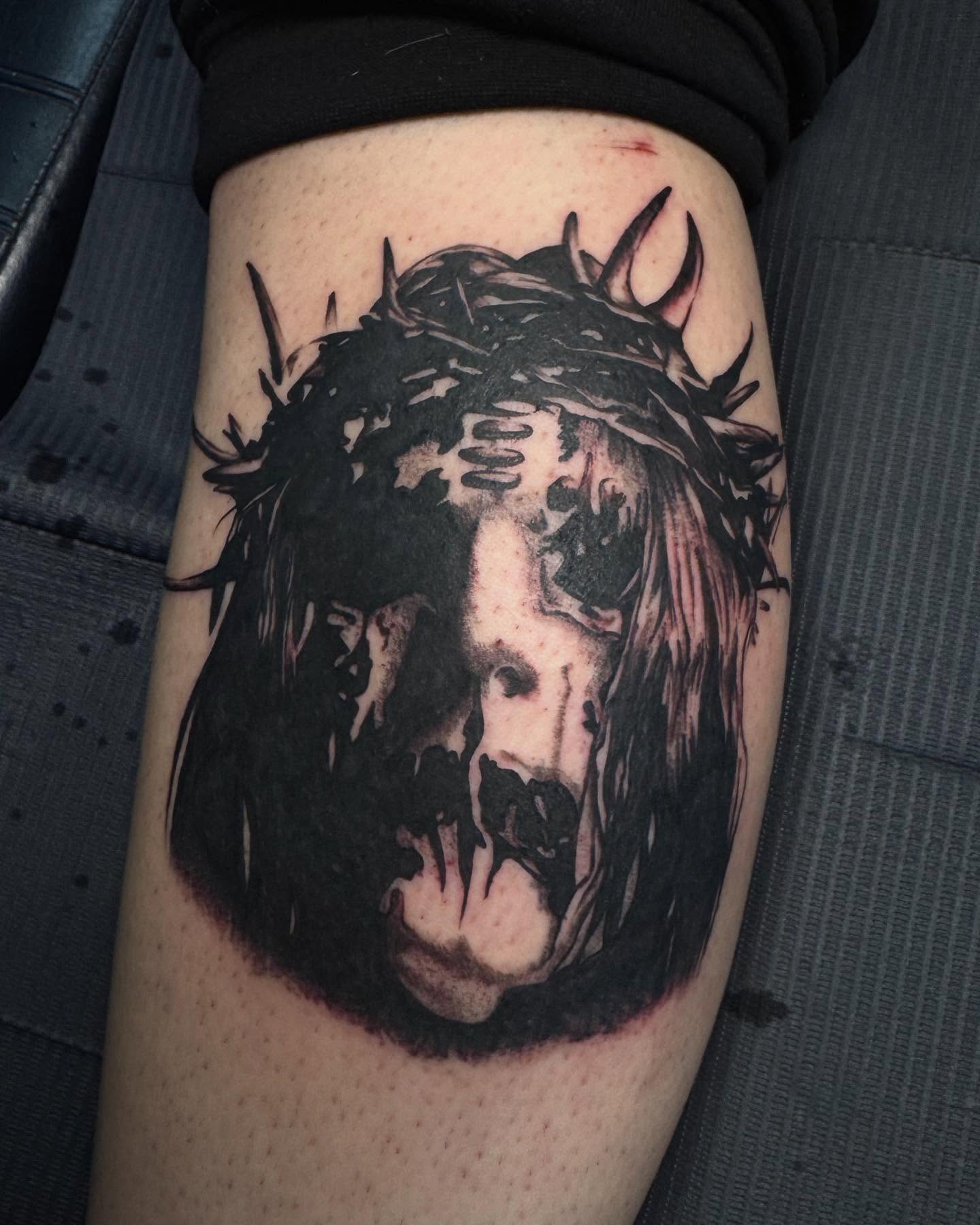 Jesus Christ realism tattoo on the thigh by Jianna