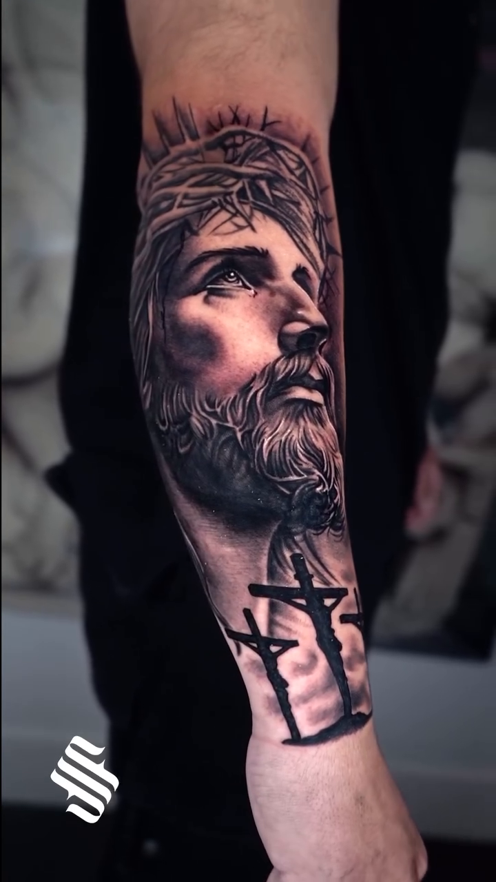 Jesus Christ with crosses realism tattoo by Danny Rodriguez
