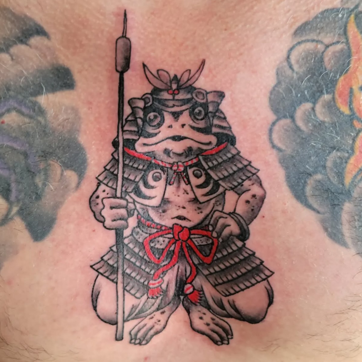 Frog samurai japanese irezumi tattoo on the chest by Mark Harada, Hoboken, New Jersey