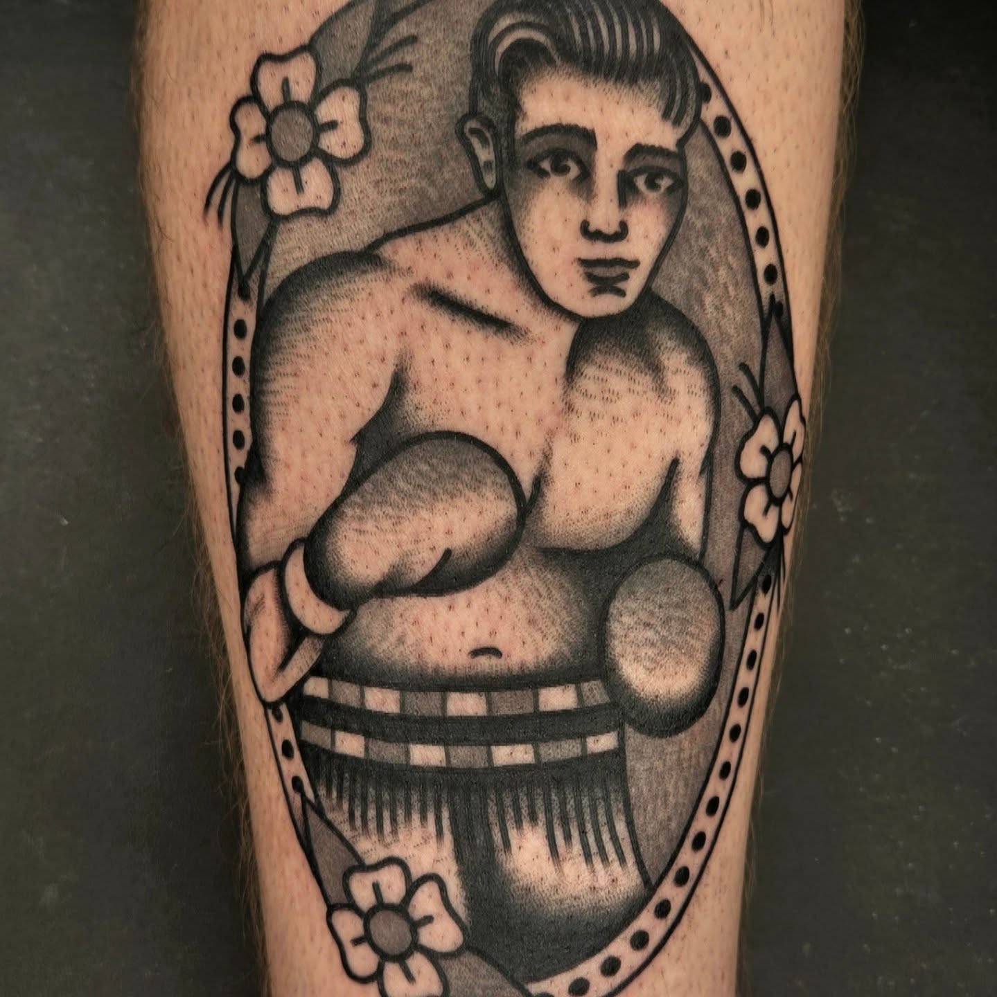 Boxing man American traditional tattoo on the forearm by Deke Harms, Bend, Oregon