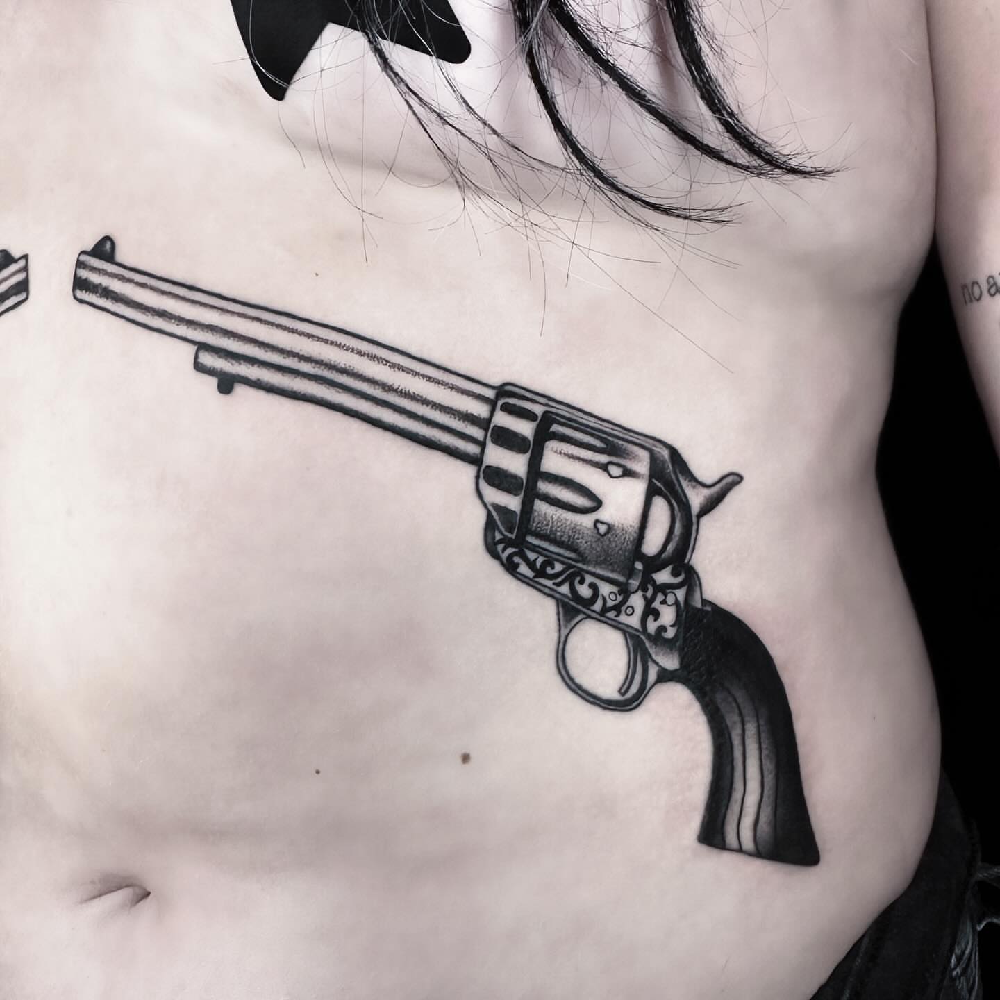 Revolver black and grey tattoo on the chest by 🕸 ᴠɪᴠɪᴀɴ ʟᴏʀᴇ 🕸, Nashville, Tennessee