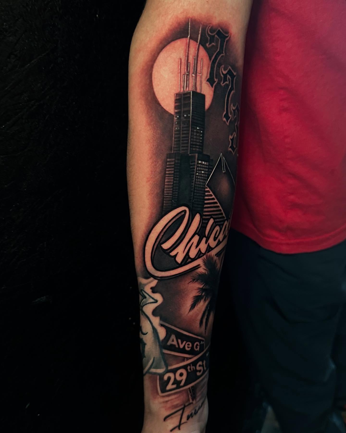 Chicago skyline realism tattoo on the forearm by Miguel Saucedo