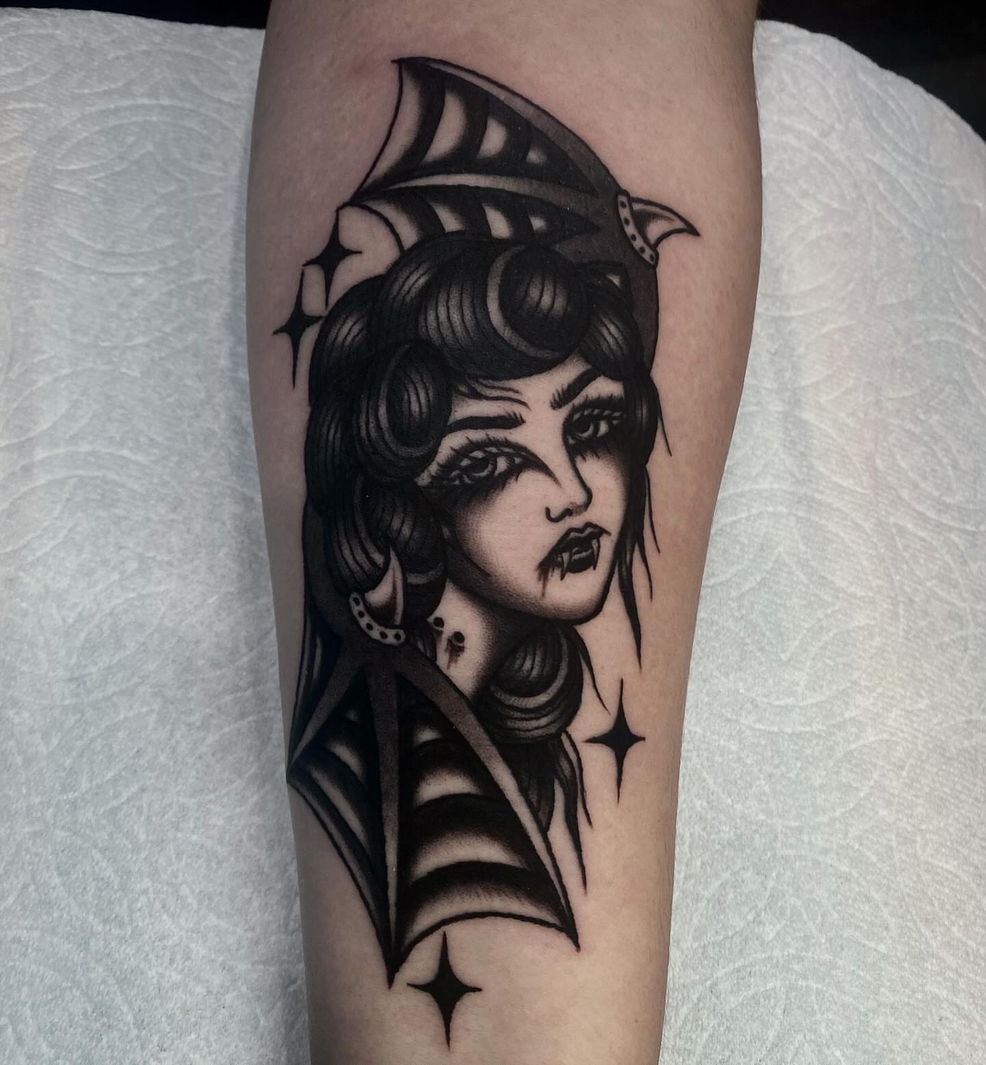 Vampire woman dark realism tattoo on the forearm by Lindsey Cam Van