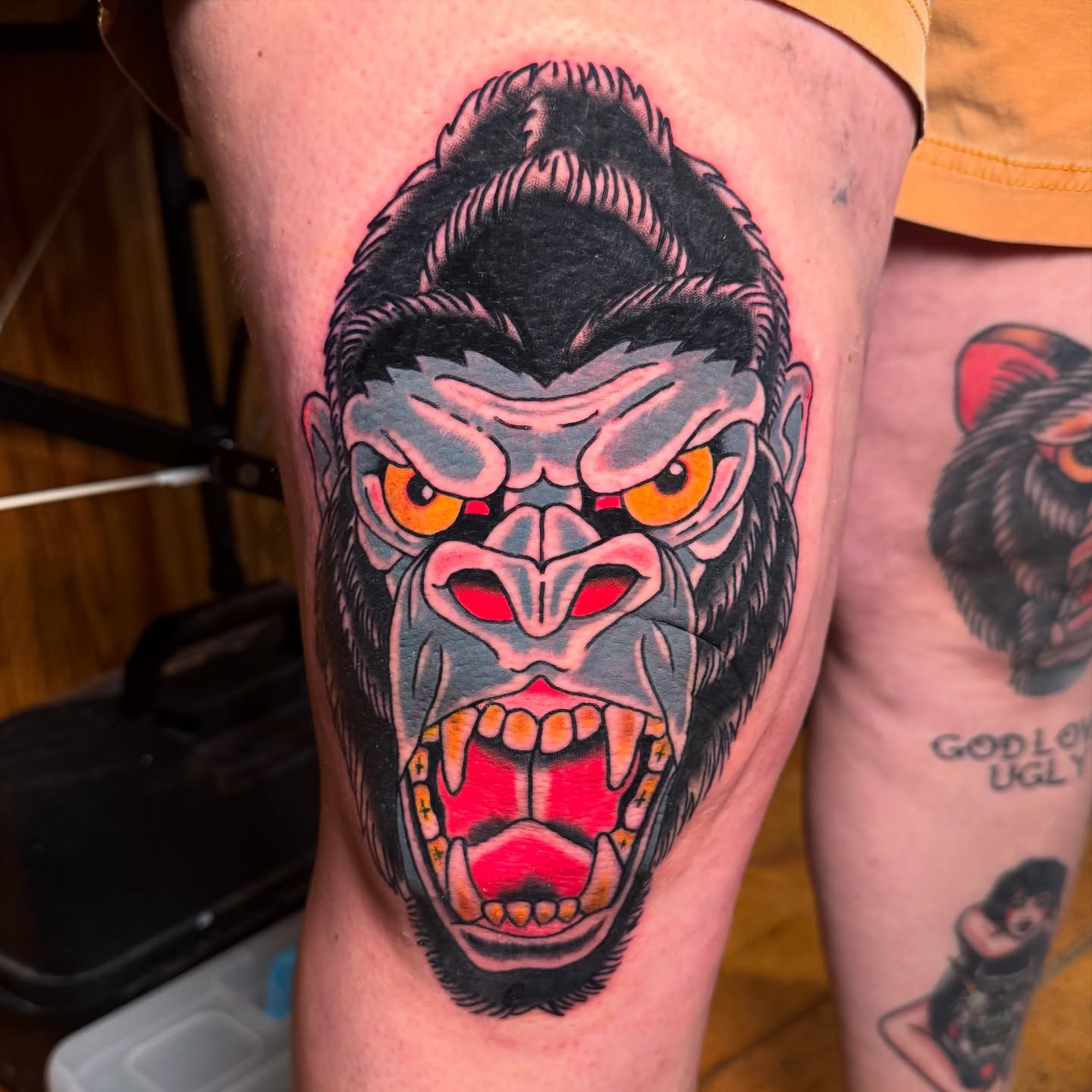 Gorilla American traditional tattoo on the thigh by πππ’π―π’π¨ πππΆπ©π¬π―π, Manchester, New Hampshire