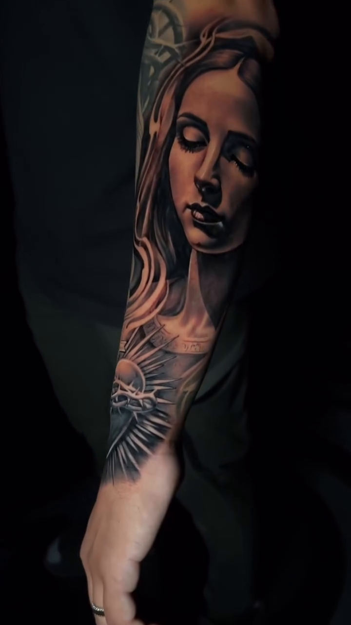Religious figures and sacred heart realism tattoo by P.Lok
