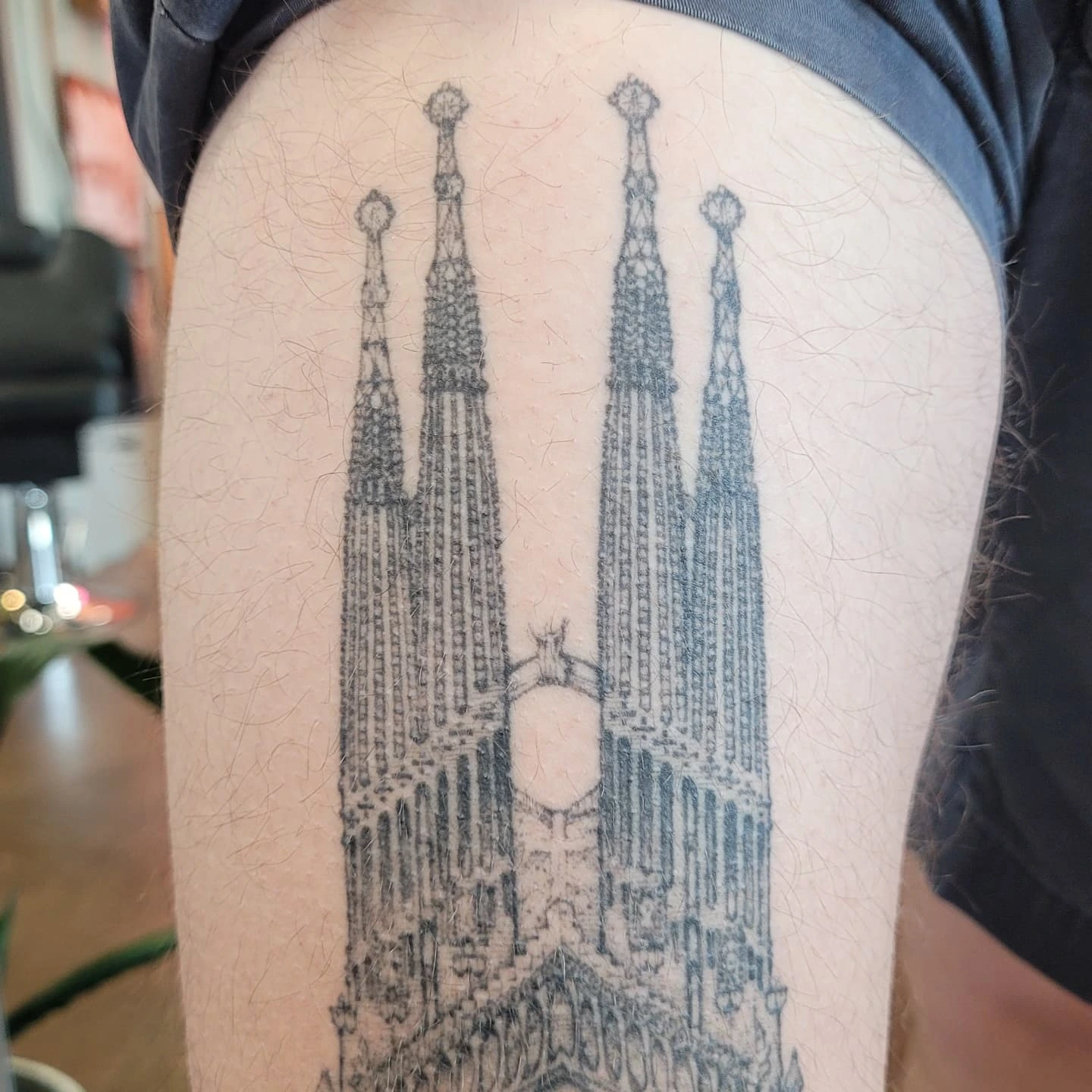 Sagrada familia black and grey tattoo on the thigh by Keith Countryman, Fort Worth, Texas