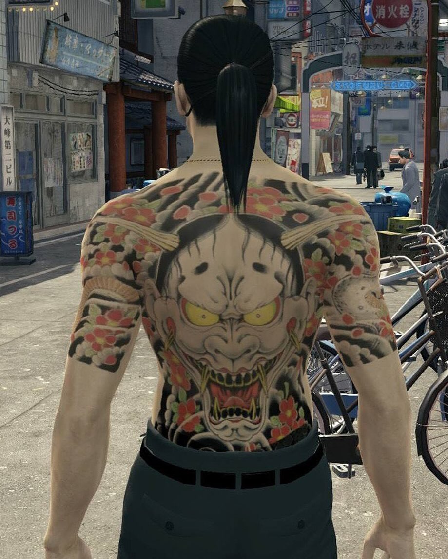 Demon mask japanese irezumi tattoo on the back by Rat Girl, Dayton, Ohio