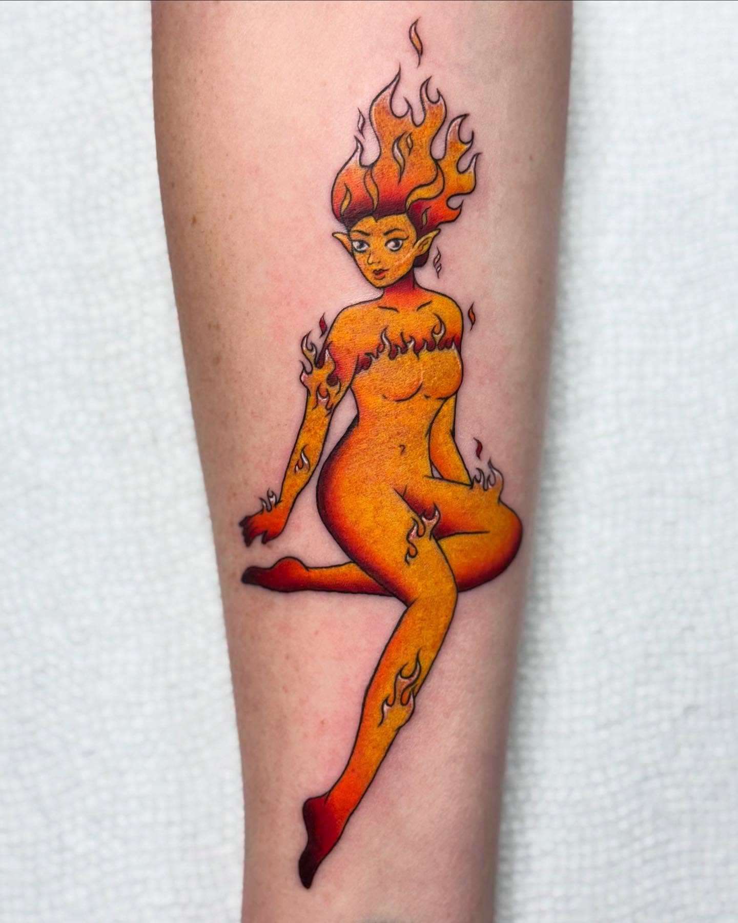 Flame woman illustrative tattoo on the forearm by Lacee-Beth Finch