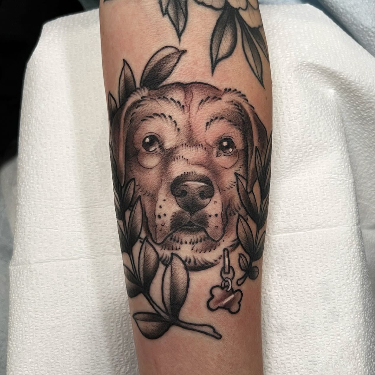Dog realism tattoo on the forearm by Kyle Olson, Salt Lake City, Utah