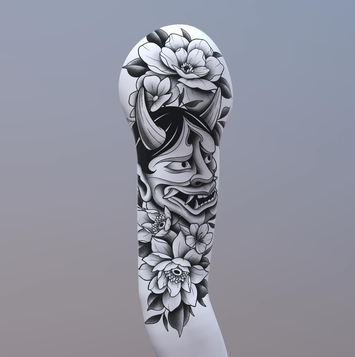 Demon mask with flowers japanese irezumi tattoo on the forearm by Felicity