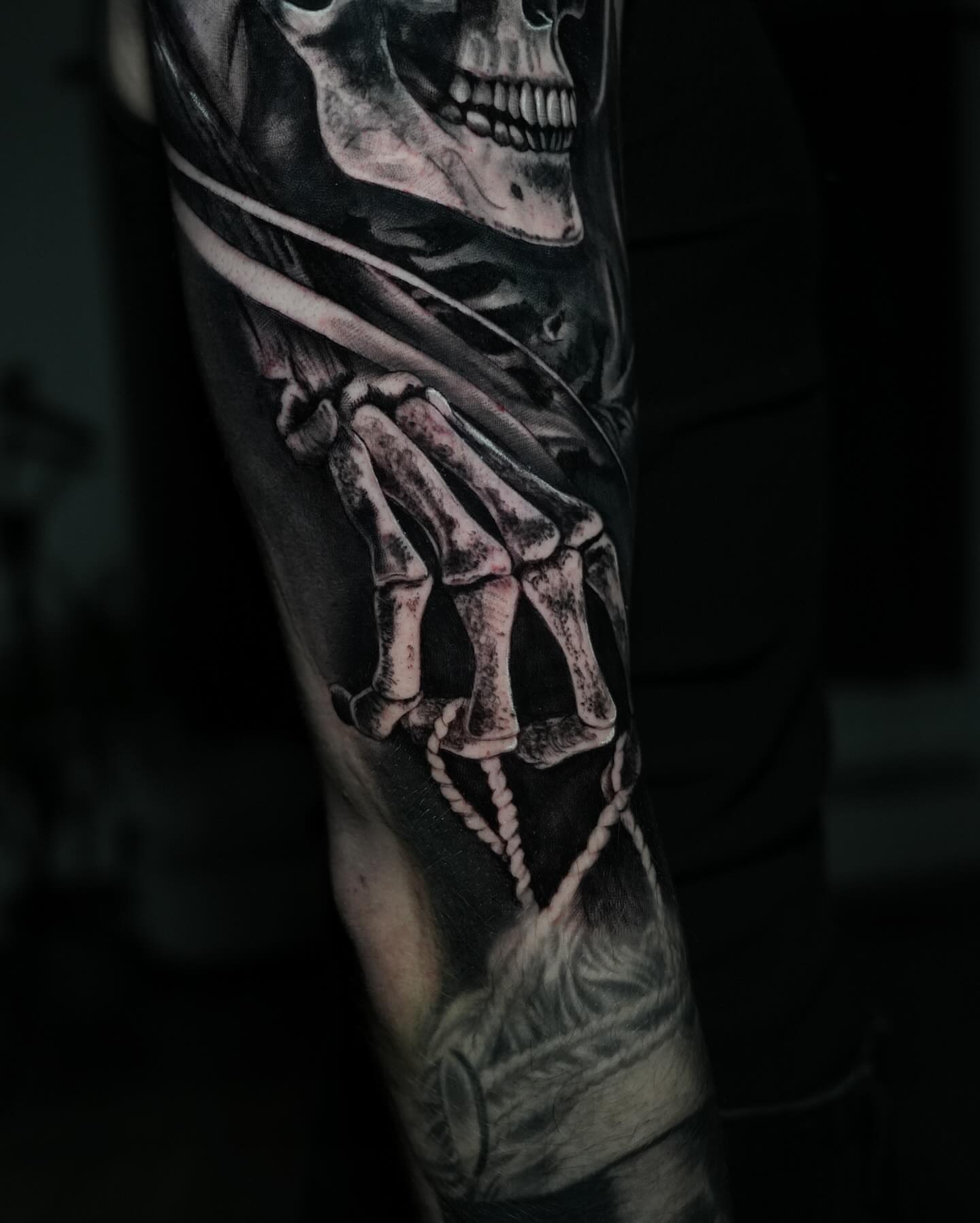 Skeleton hand realism tattoo on the forearm by Naomi Burke, New Westminster, British Columbia