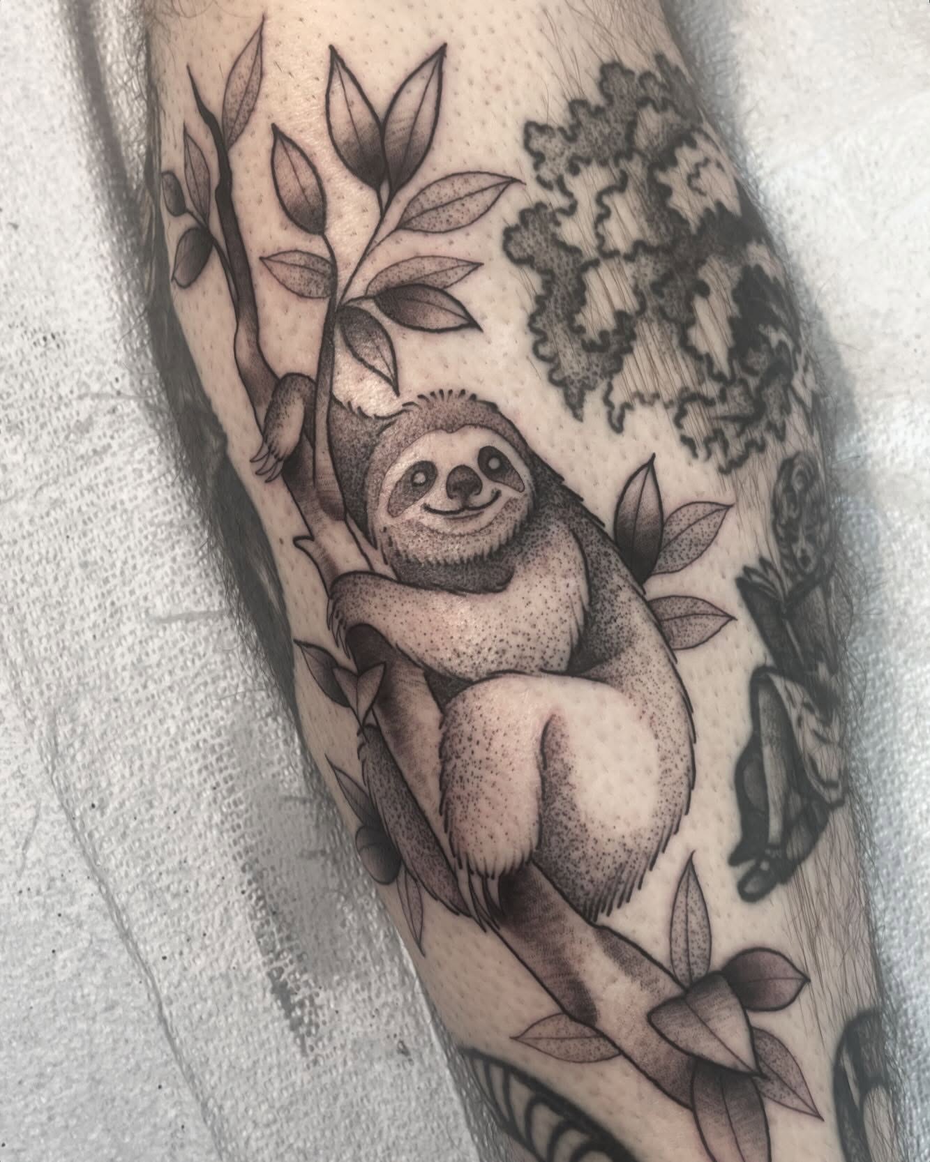 Sloth dotwork tattoo on the forearm by Amanda Marie, Edmonds, Washington