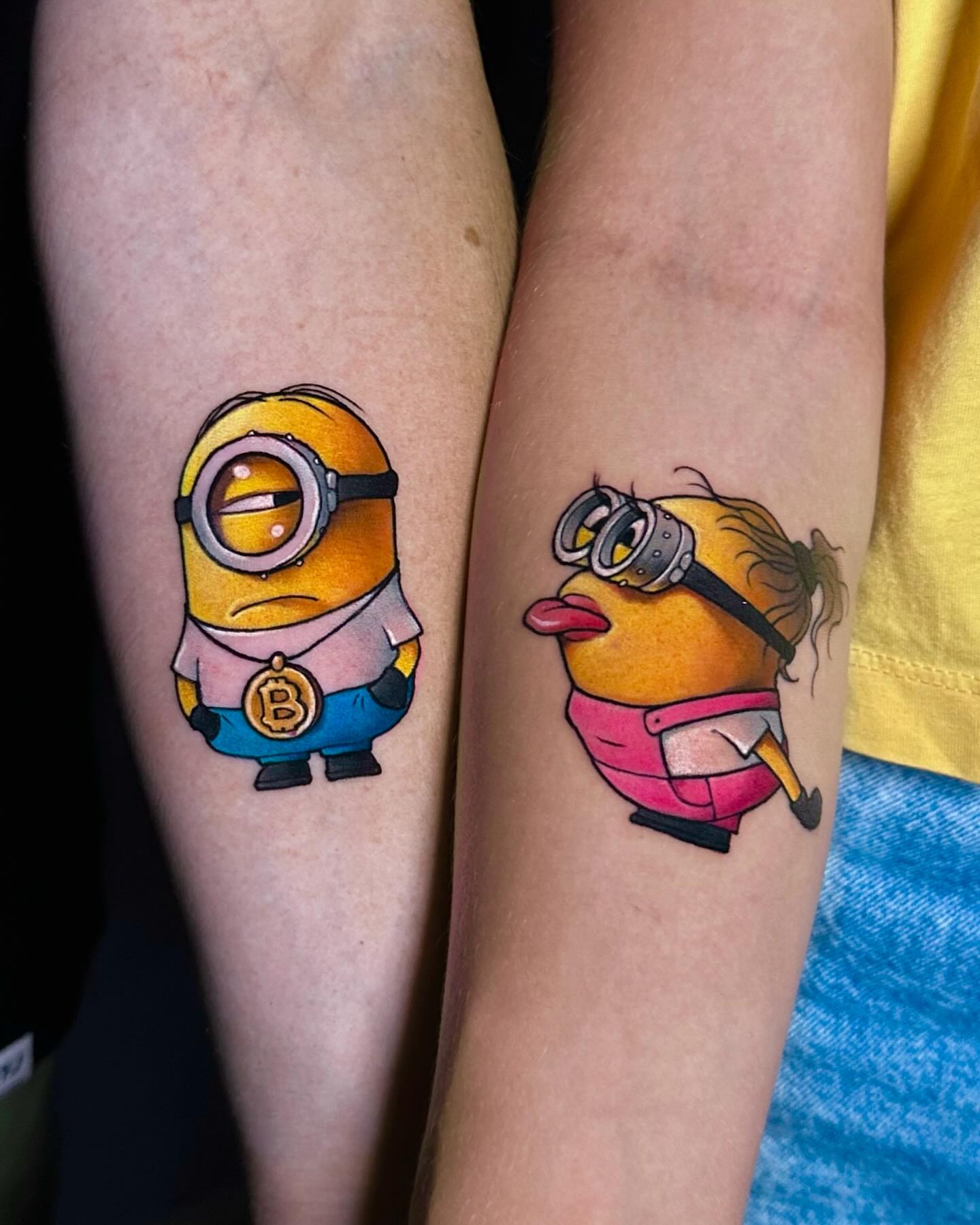 Minion dotwork tattoo on the forearm by Lena Aleksandrova