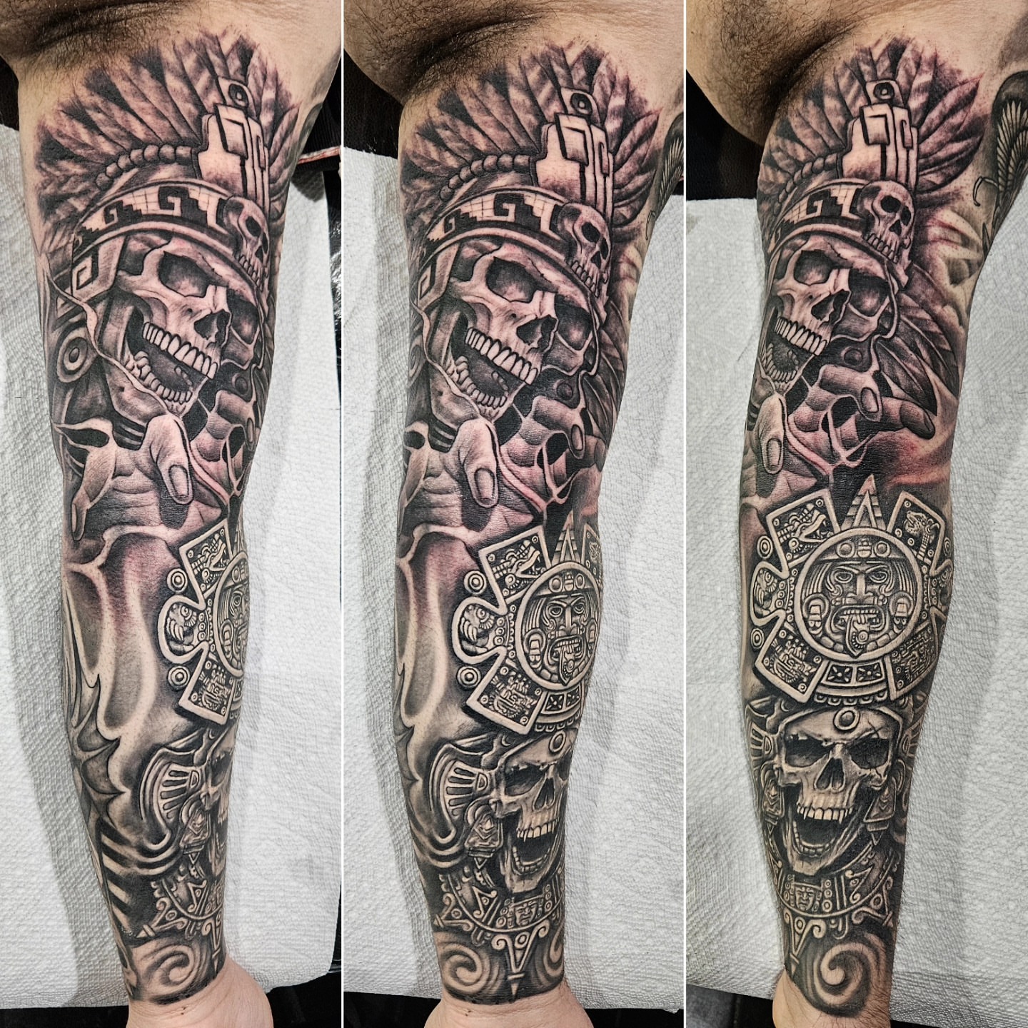 Skull and aztec motifs geometric tattoo on the forearm by "El Jose" Tattoo