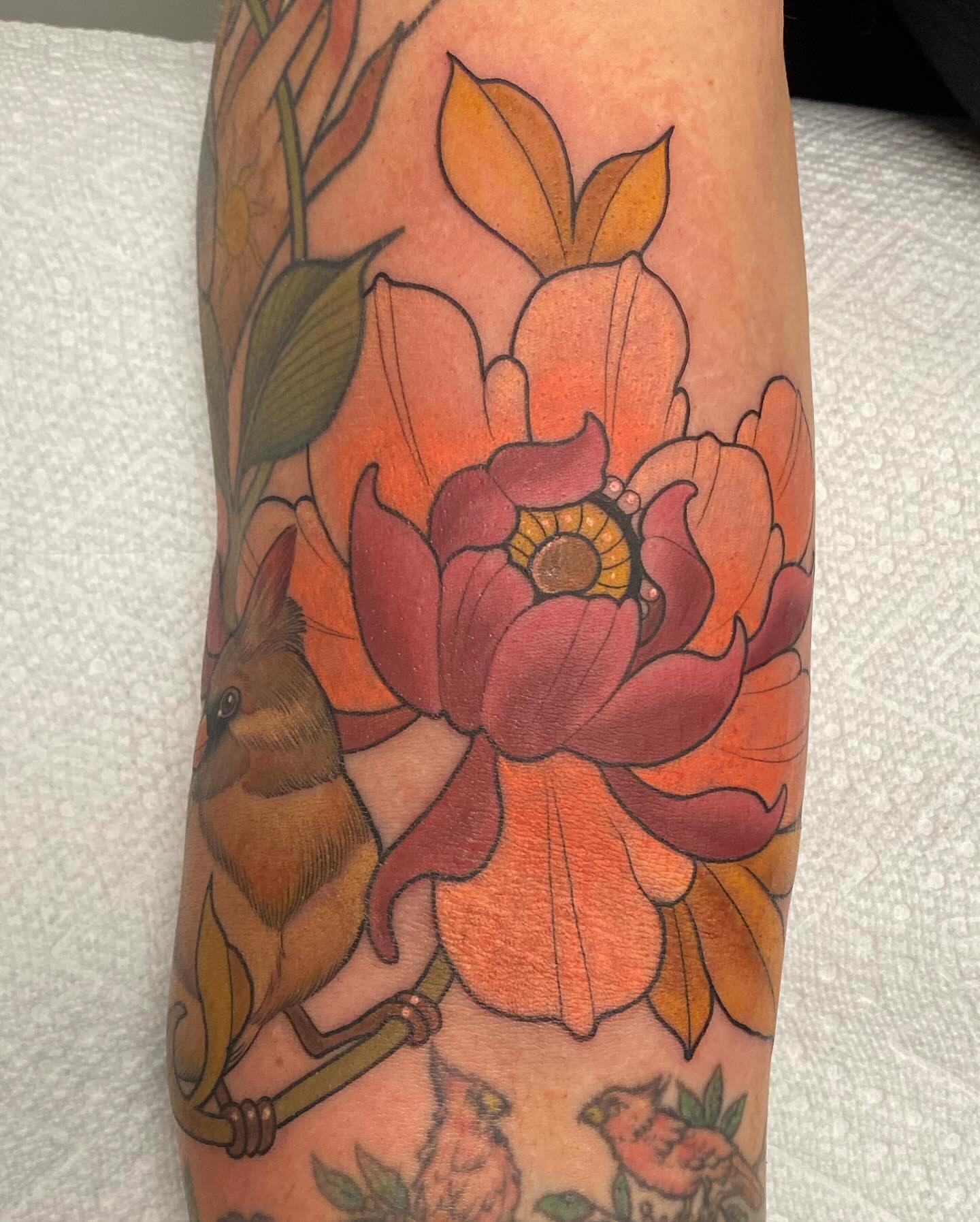 Flower and bird American traditional tattoo on the forearm by Connie Fiorino - Tattoo Artist