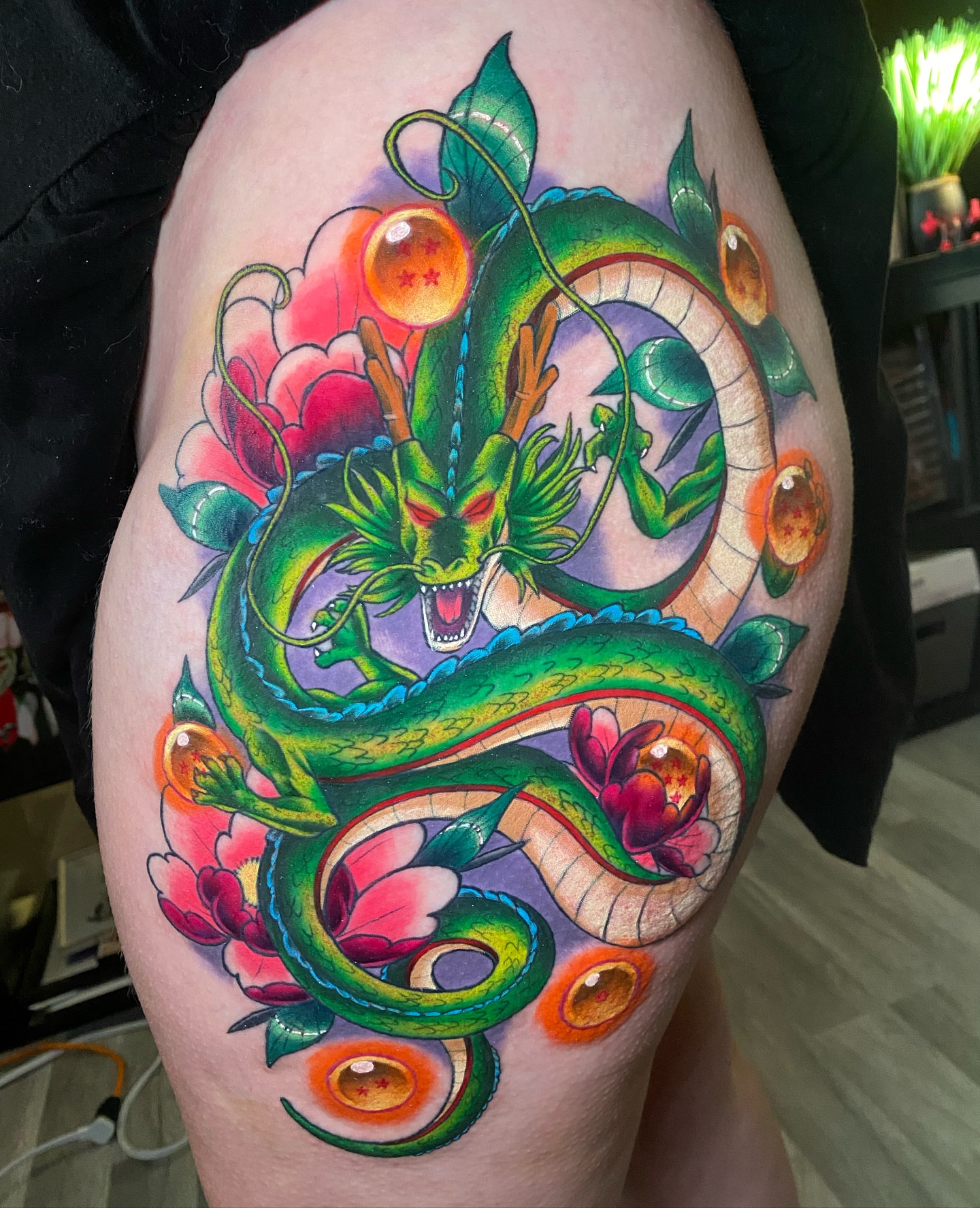 Dragonball z dragon anime tattoo on the thigh by Tattertot