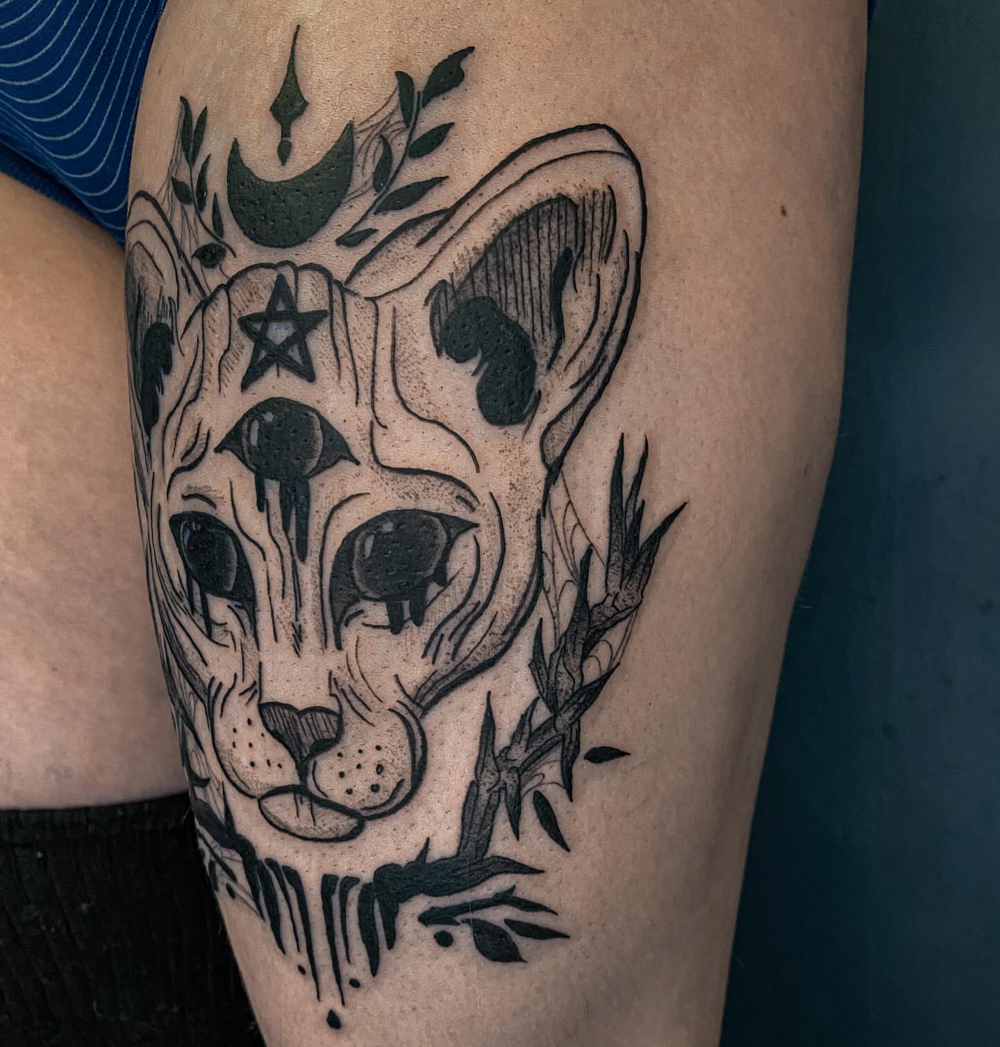 Panther black and grey tattoo on the thigh by ✥ G i t t a ✥