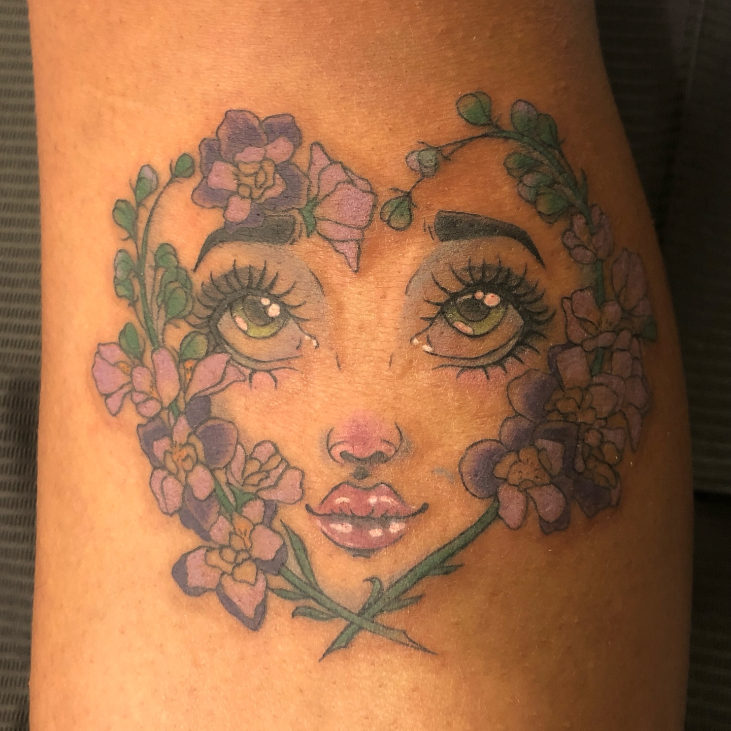 Floral portrait new school tattoo on the thigh by Krystal ✨
