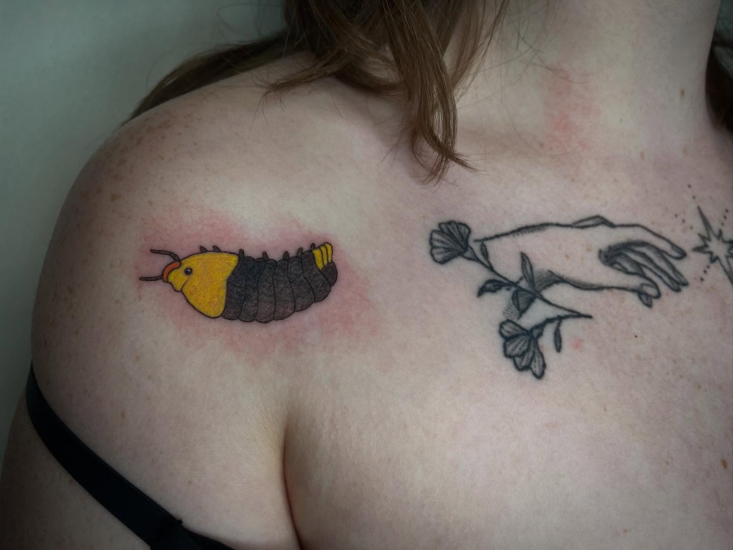 Caterpillar and hand new school tattoo on the shoulder by Peach ๐, Portland, Oregon