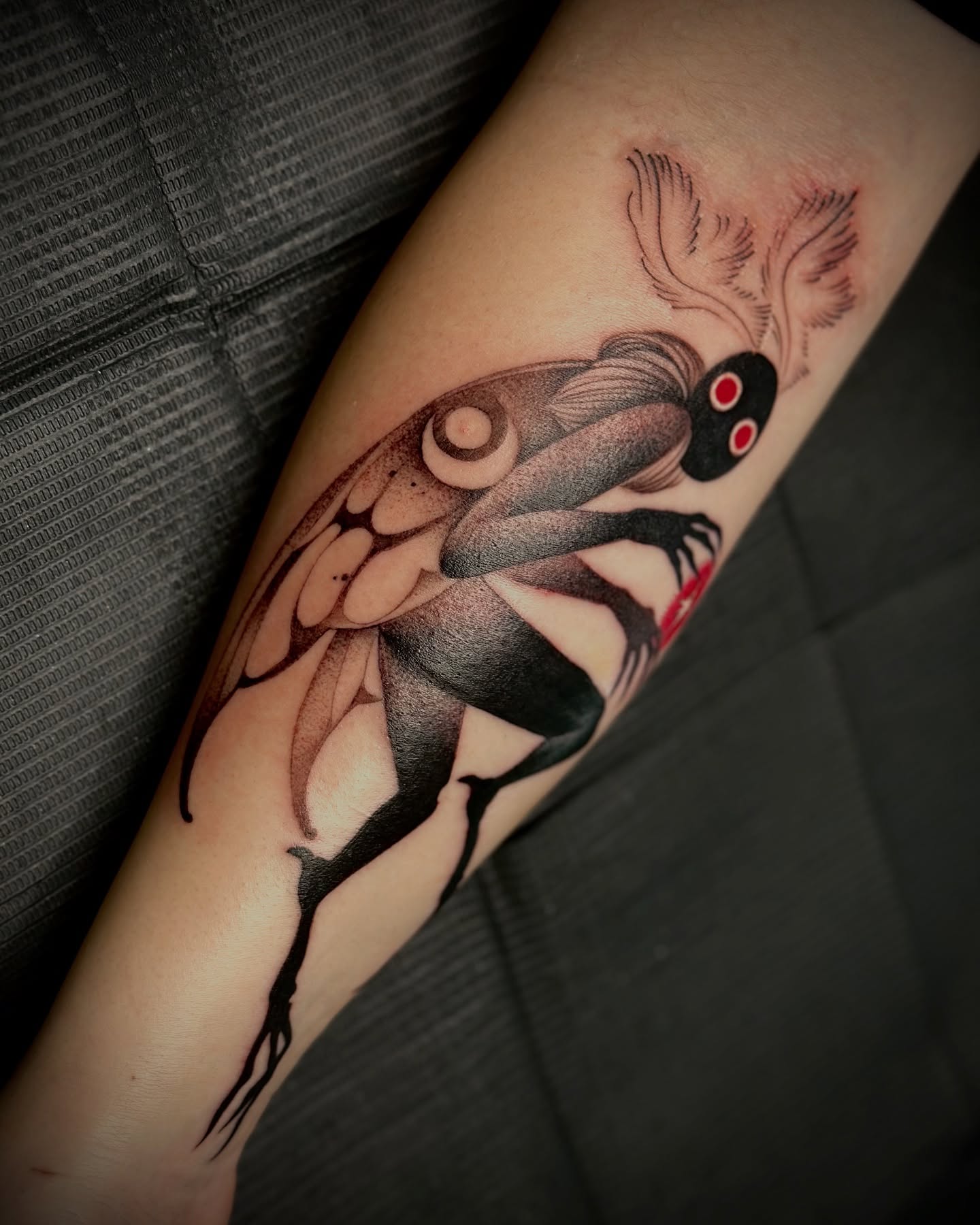 Frog dotwork tattoo on the forearm by Feliz Manzanedo, Prescott, Arizona