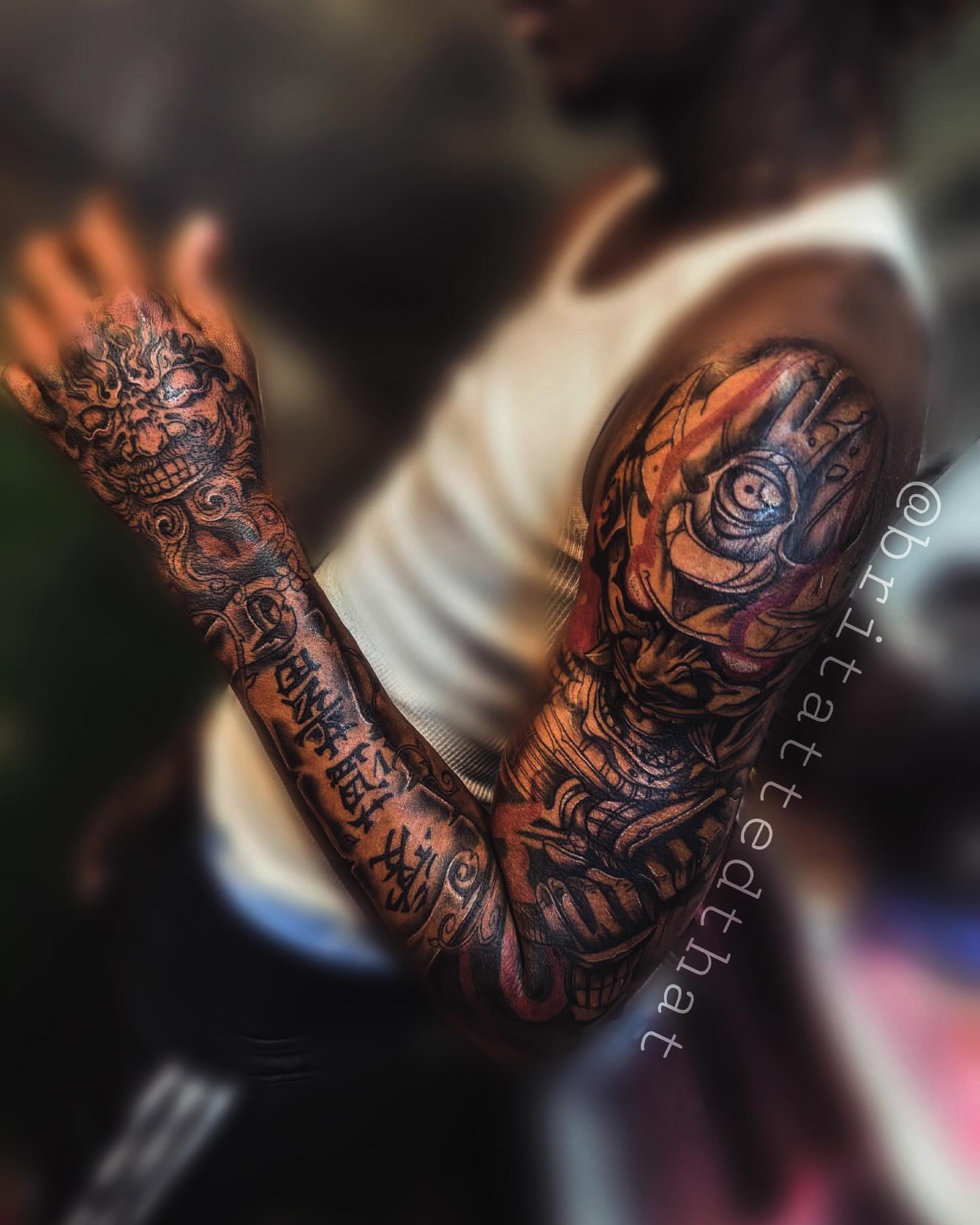 Skull and eye dark realism tattoo on the upper arm by Bri Tatted That