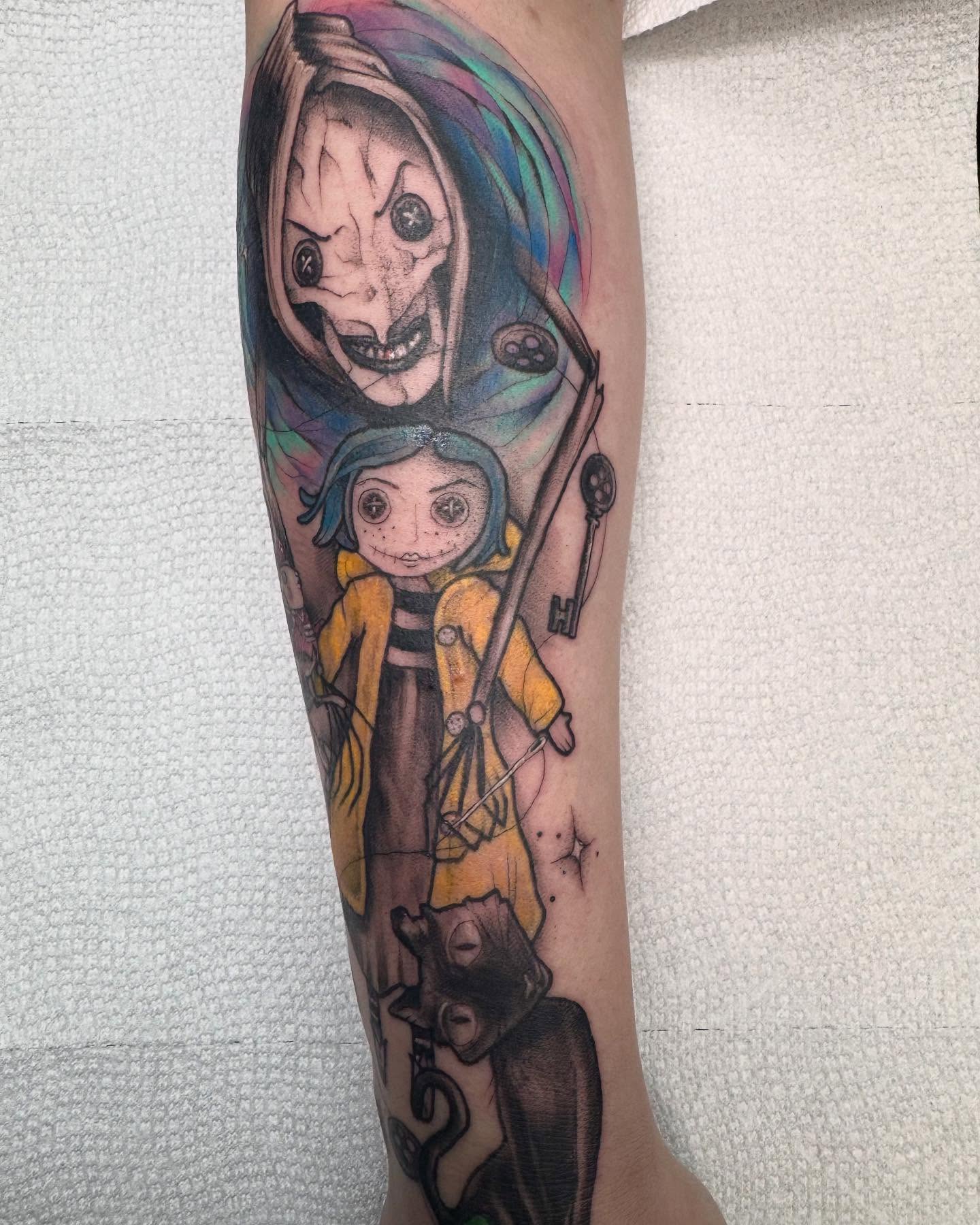 Coraline dotwork tattoo on the forearm by 𝔈𝔯𝔦𝔫 𝔊𝔦𝔩𝔩𝔦𝔩𝔞𝔫𝔡, Springfield, Ohio