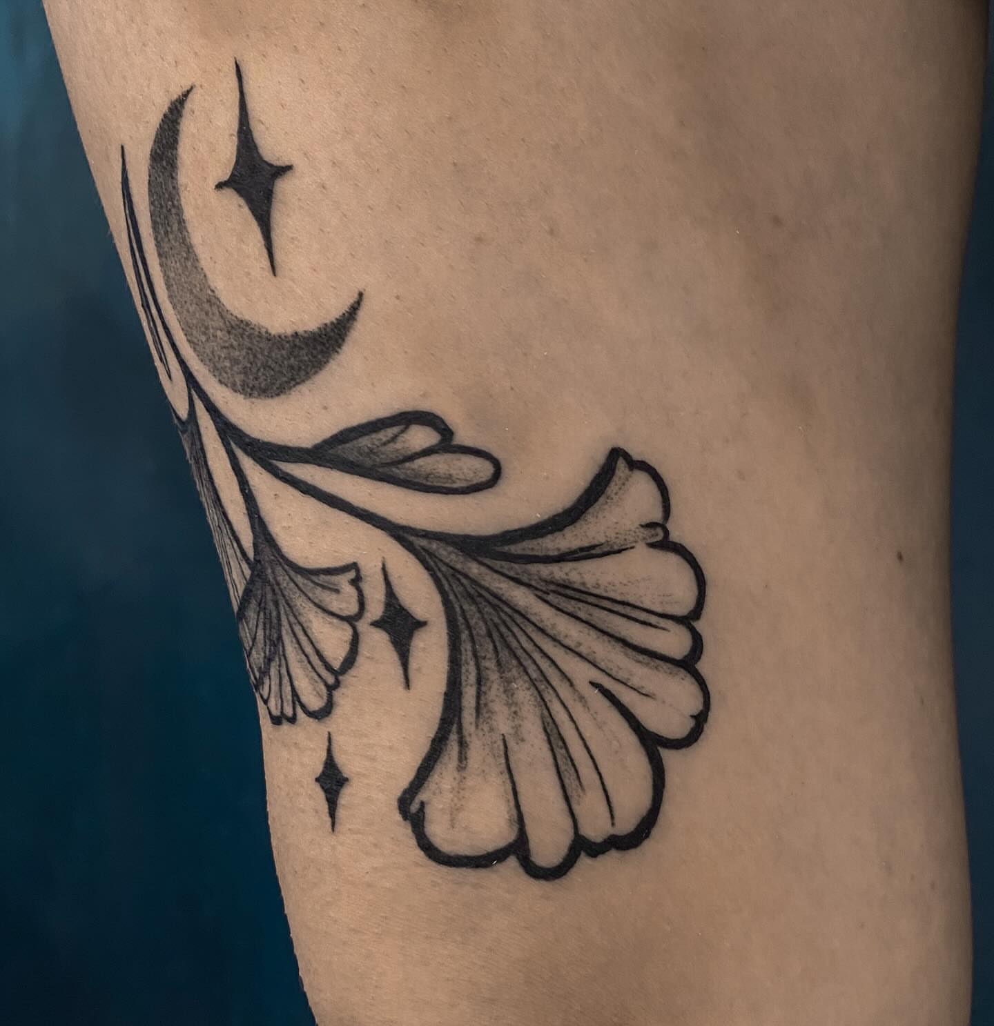 Flower and crescent moon black and grey tattoo on the forearm by ✥ G i t t a ✥