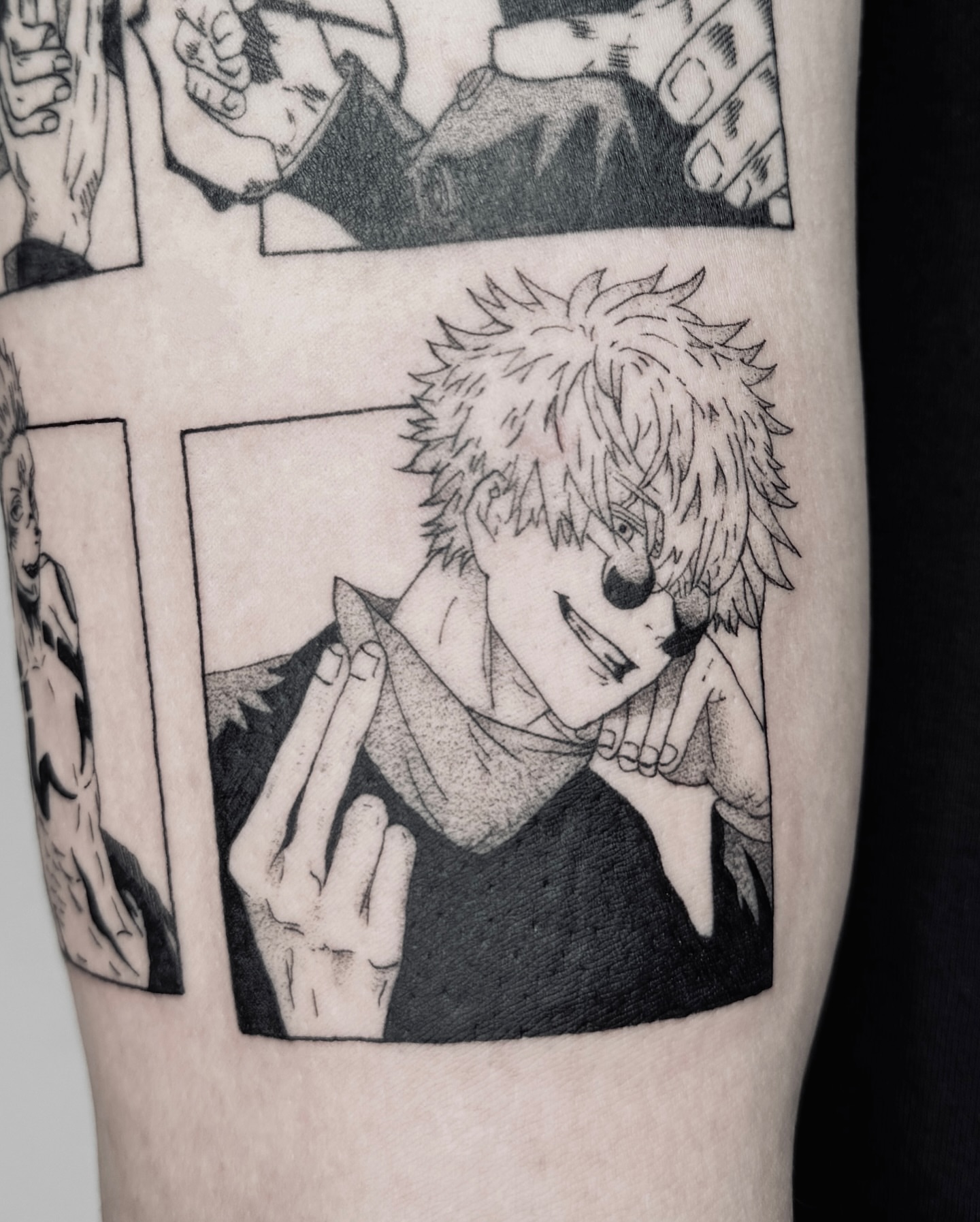 Anime character dotwork tattoo on the forearm by Leo