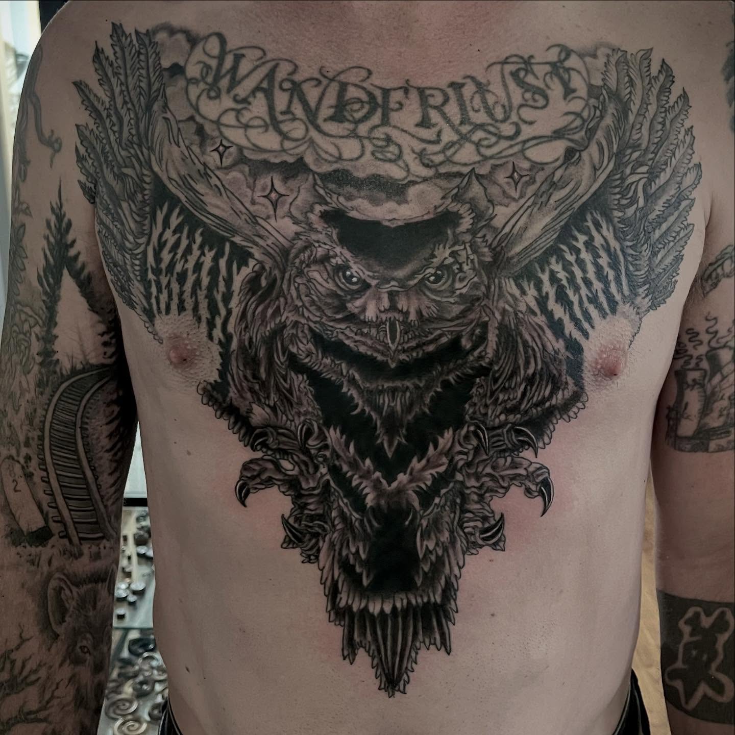 Owl realism tattoo on the chest by Ashly Hutchens, Richmond, Virginia