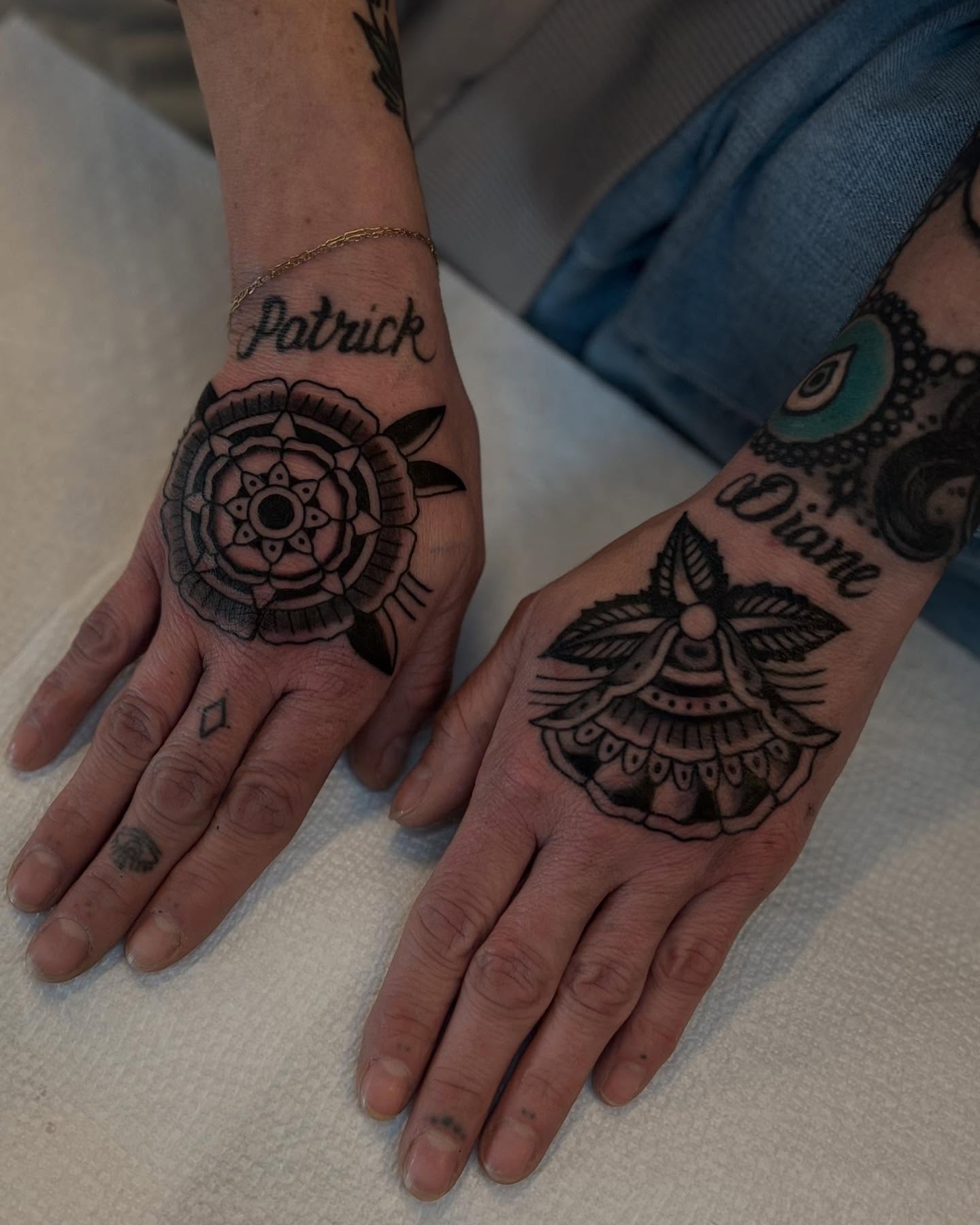 Mandala black and grey tattoo on the hand by Syd Sayyah