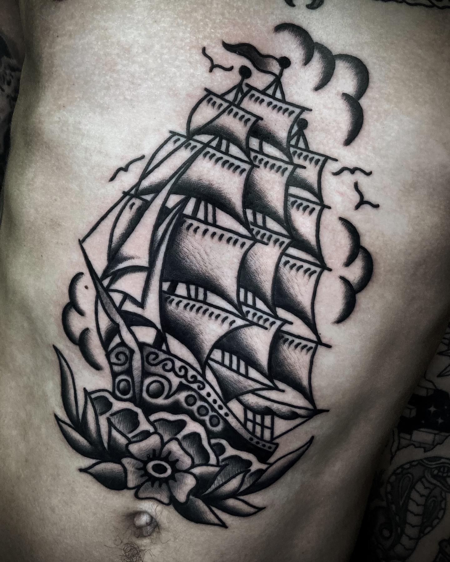 Sailboat American traditional tattoo on the ribs by π΅ππππ π¬ππππ