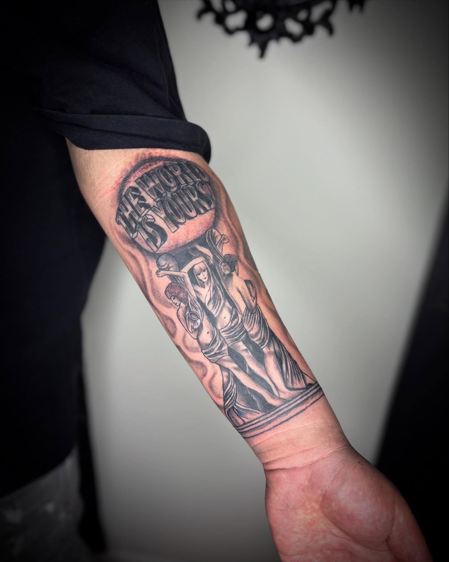 Religious scene black and grey tattoo on the forearm by Adrian Ram 🇬🇾🇵🇭