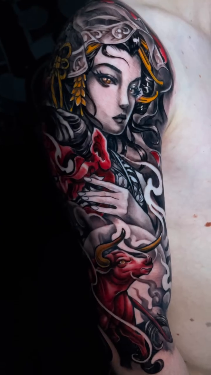 Woman with oni mask and bull japanese irezumi tattoo by Claude Steven Estrada, Las Vegas, Nevada