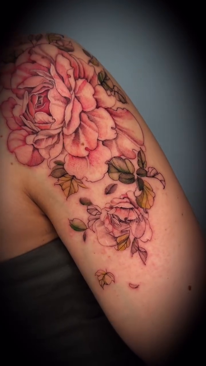 Peony floral tattoo on shoulder neo-traditional tattoo on the shoulder by Nyc Tattoo Manhattan